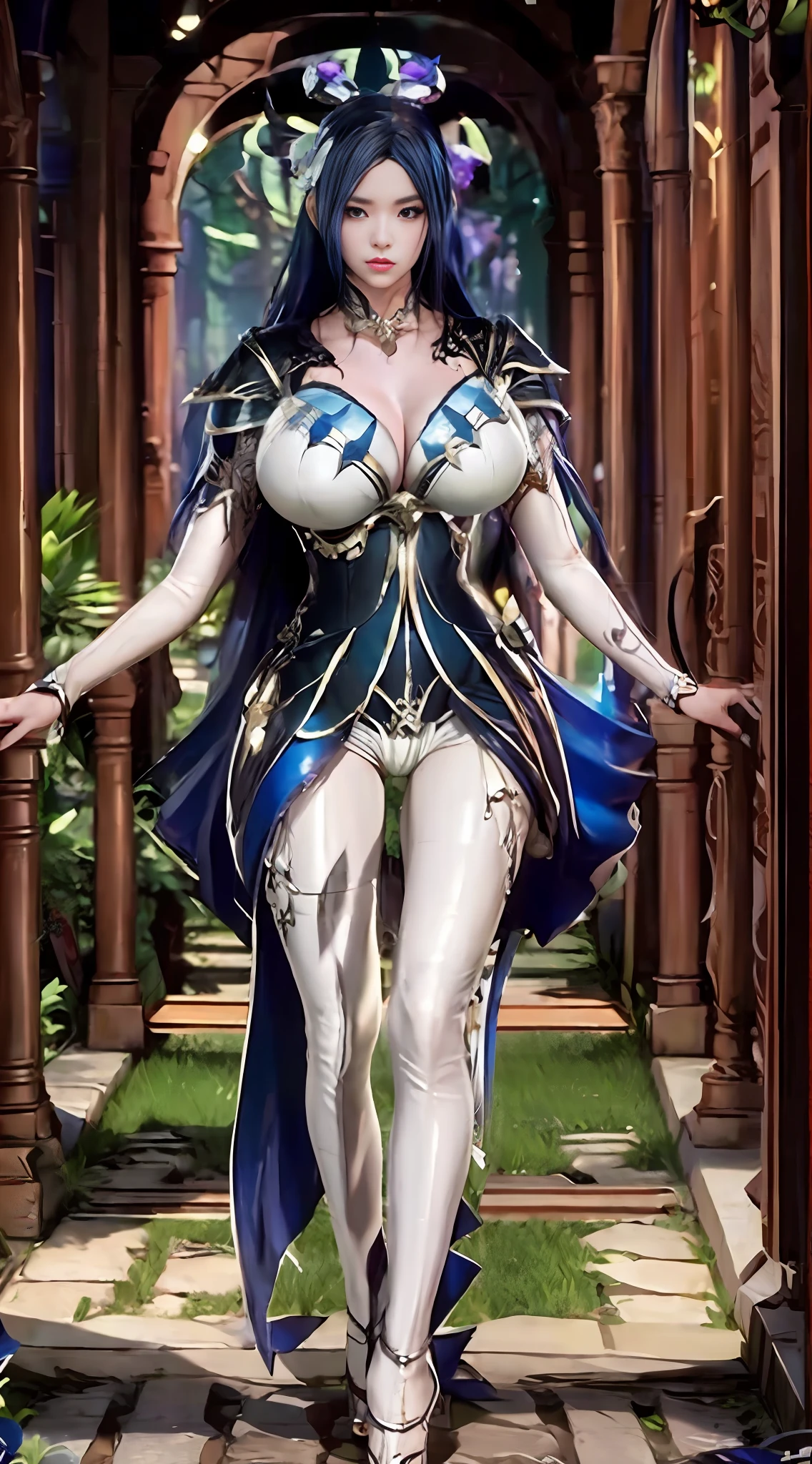 Unreal Engine 5 Realistic Rendering, Excellent, looking on camera, Donghua character, cosplayer, walking down hallway of Holy palace, beautiful face, makeup, top body is hyper realistic thicc muscular and hyper largest_breasts!! with the type of boobs_melons, lower is huge buttocks, jealous, bokeh, masterpiece, highres, 1080P, UHD, masterpiece