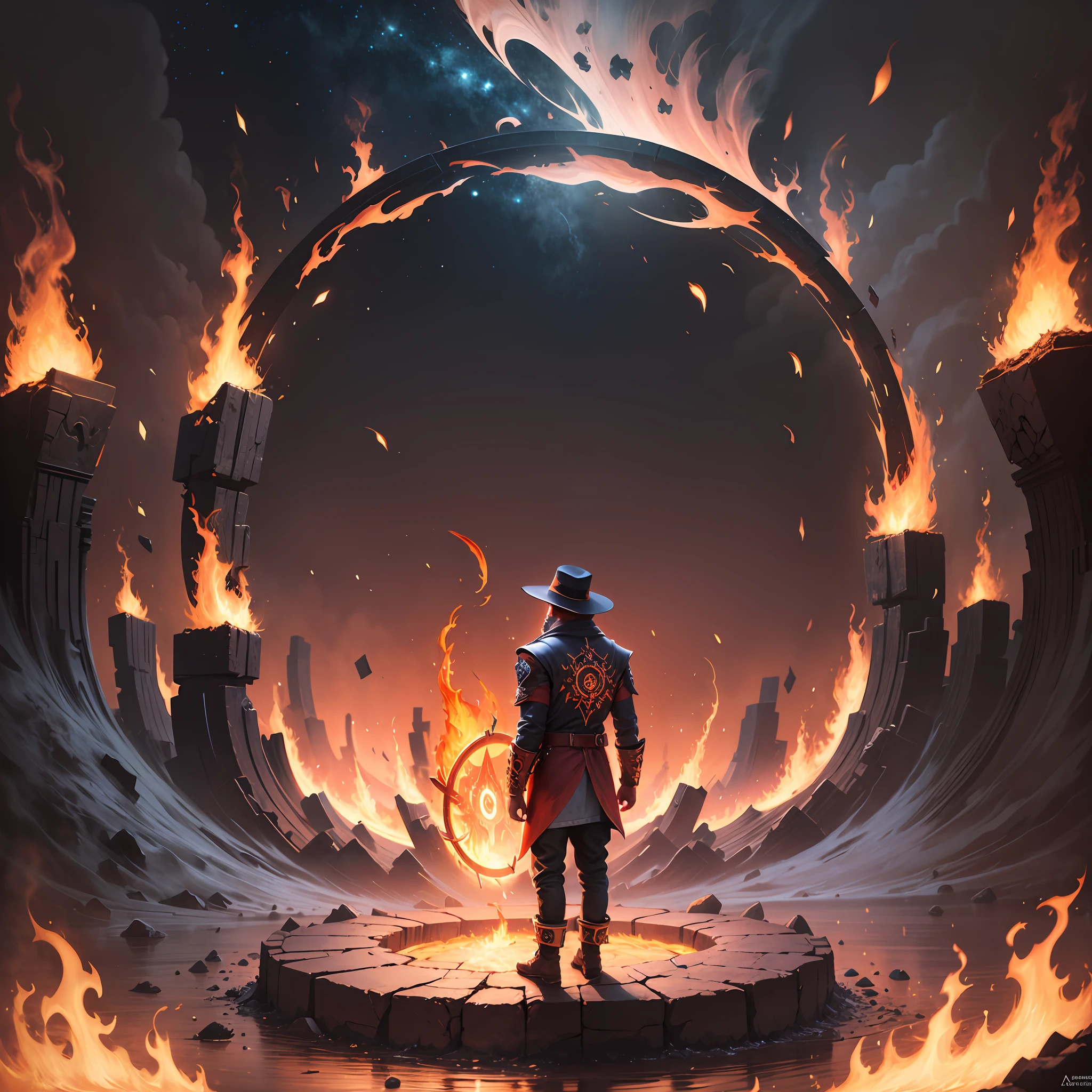 a man standing in front of a circle of fire with the letter A in the middle, a portal to the realm of lost flame, arcs of flame, portal to another world, aetherpunk airbrush digital art, atmoshperic, anamorphic flames, by Anthony Devas, anamorphic flares, fire ice behind him, incredible fire art --auto --s2