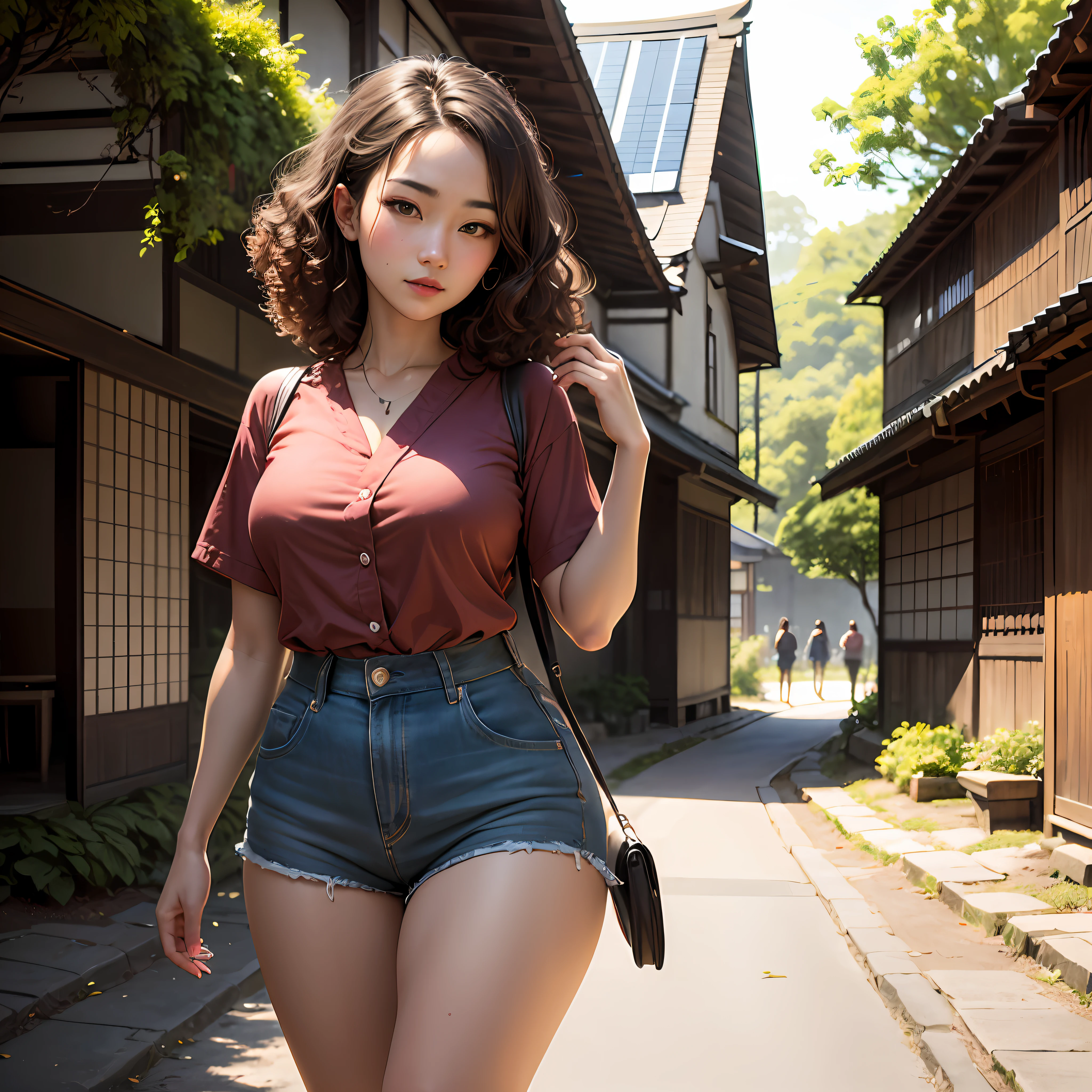 i gril, Japanese, solo, looking at the viewer, standing, little curly brown hair, white skin, brown eyes, fleshy mouth, red wine-colored lipstick, slightly reddish cheeks, small smile, closed mouth, very large breasts, very thick thighs, white shirt, short sleeves, black choir shorts, in the middle of a stone road, around houses of ancient Japanese architecture, village, very green vegetation brings it, trees in the background, people in the background, natural solar lighting, depth lighting, sharp focus, hyper detailed, trend in the Art station, intricate details, tone mapping, best quality, masterpiece --auto