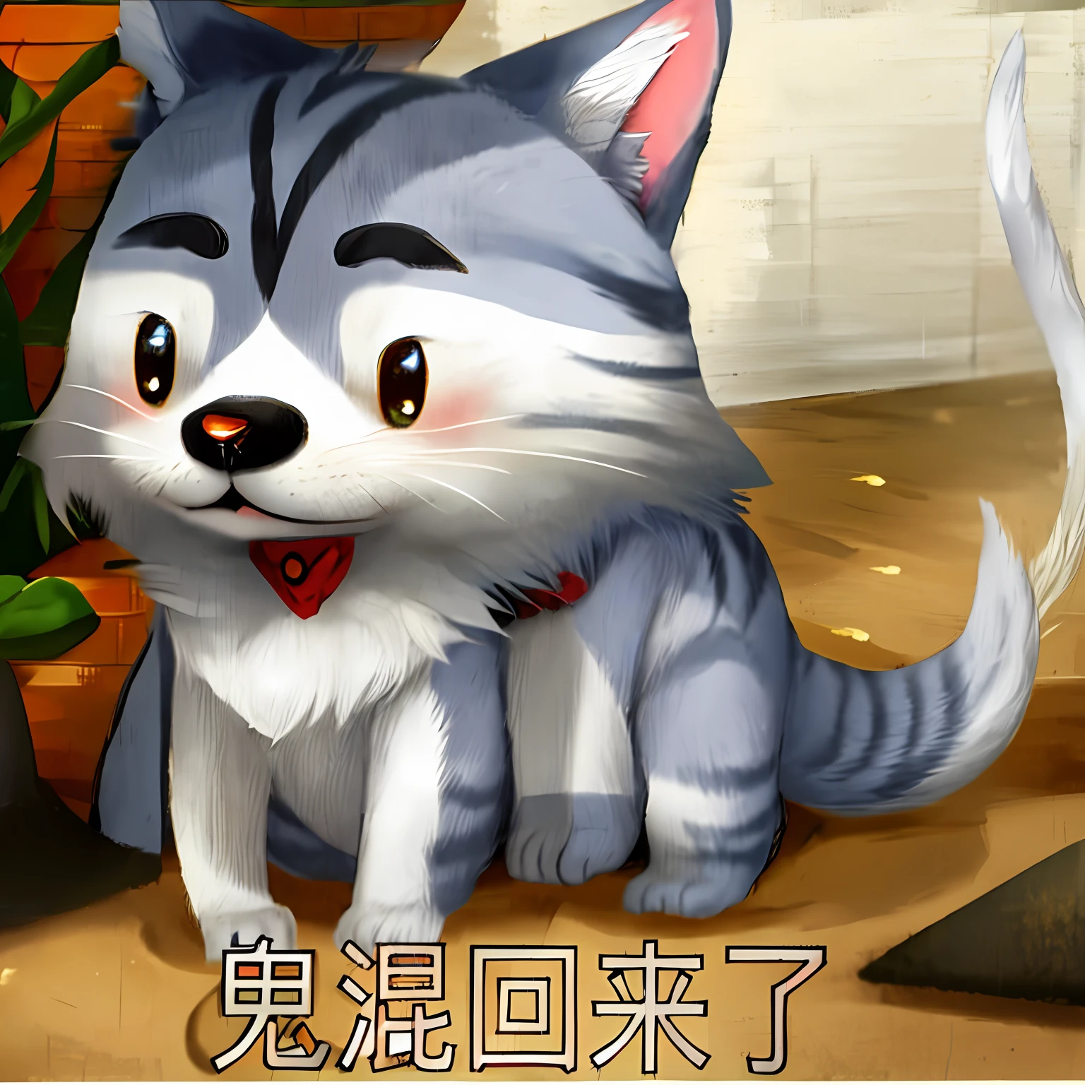 cartoon of a cat with a bandana sitting on the ground, けもの, fat chibi grey cat, kawaii cute dog, 千 葉 雄 大, white - haired fox, nyaruko-san, fursona!!!!, kemonomimi, legoshi from beastars, aww, negao, fursona