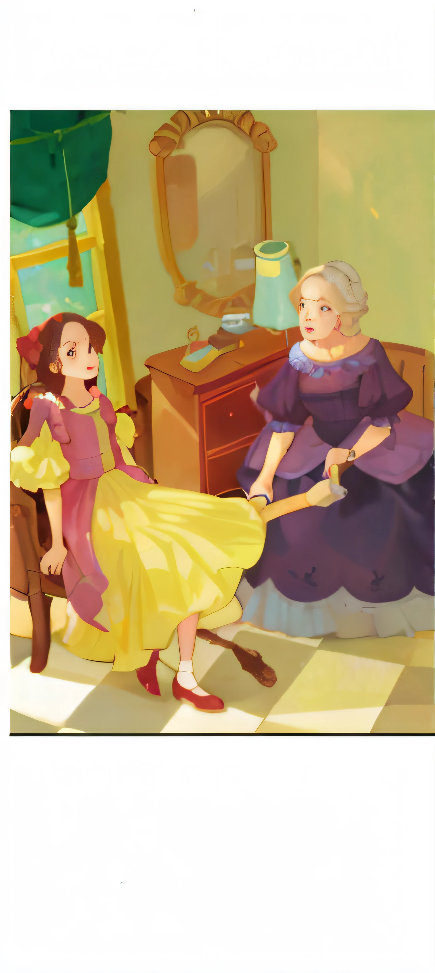 A woman in a yellow dress is being shoveled by an old woman in a purple dress, storybook illustration, storybook illustration, storybook illustration, storybook illustration, children's book illustration, children's book illustration, children's book illustration, children's book illustration, full color illustration, inspired by Lois Dodd
