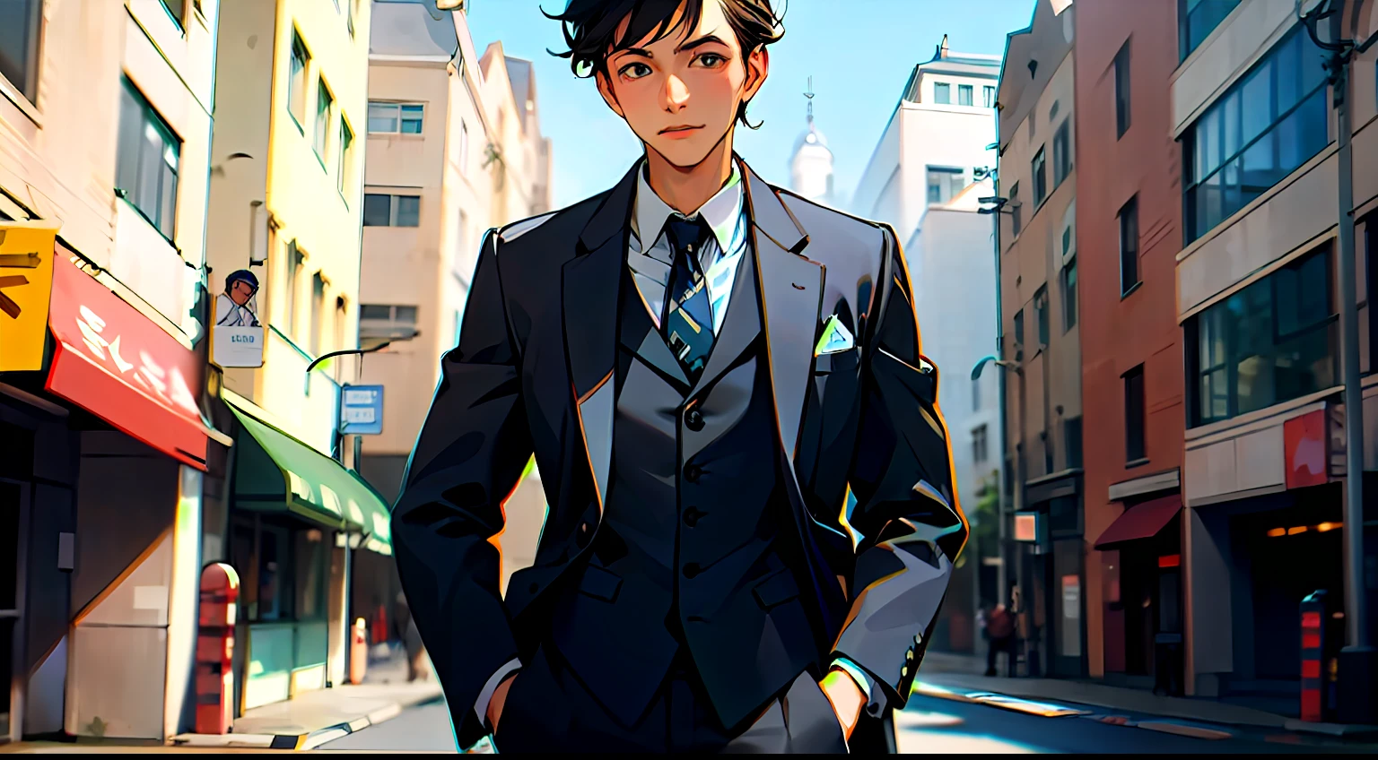 master masterpiece,Best quality,A guy,wearing suits,Take a bow,Street side