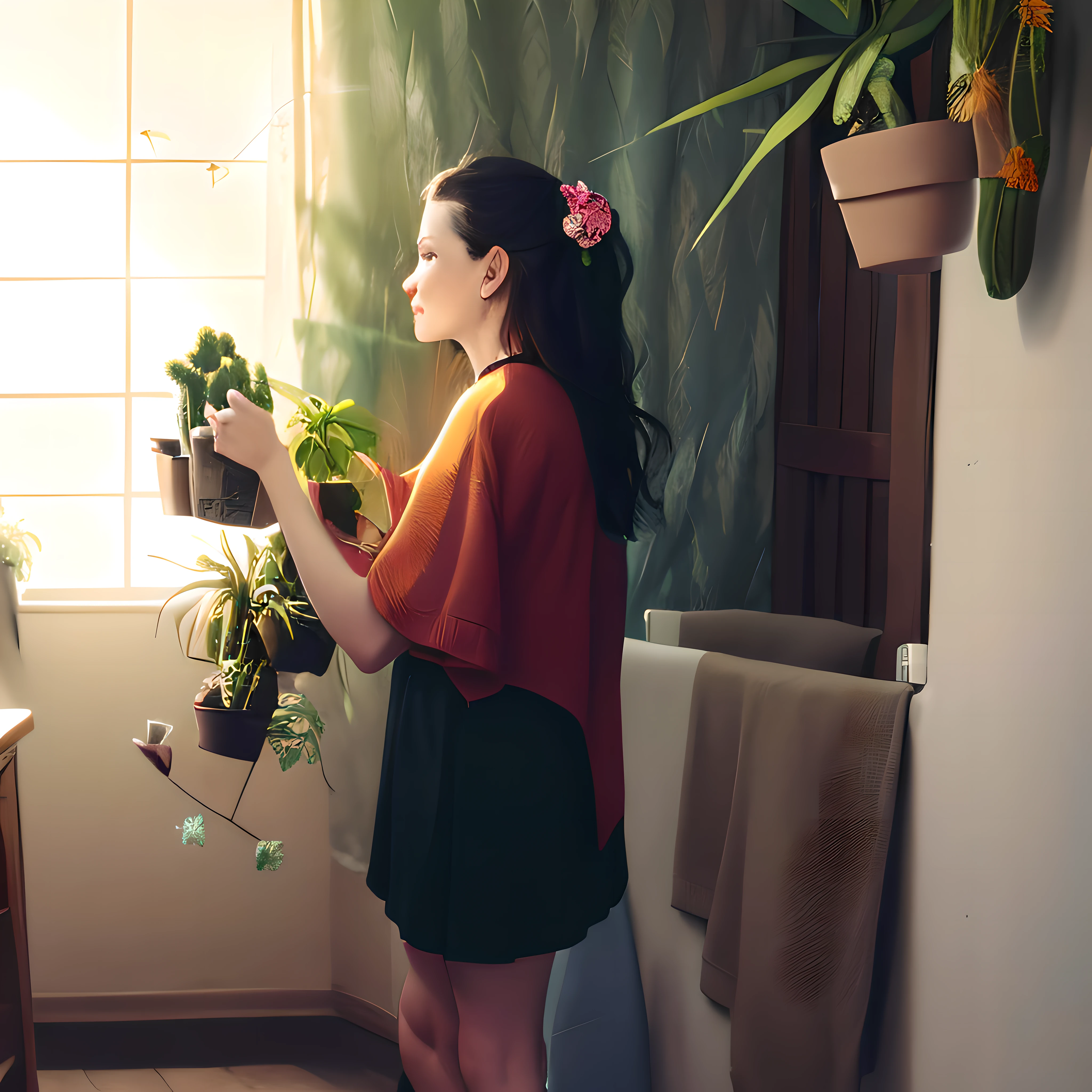 there is a woman standing in a room with a plant in her hand, adorned with all kind of plants, with flowers, indoor picture, with flowers and plants, holding magic flowers, with cactus plants in the room, photoshoot, next to a plant, very very low quality picture, holding maracas, holding a cactus, carrying flowers, holding flowers --auto