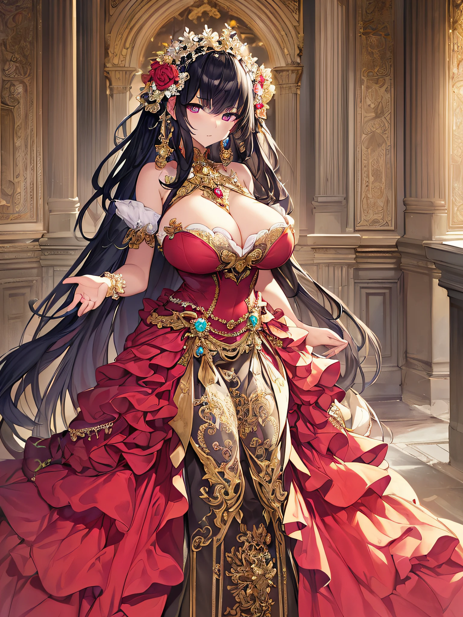 ((anime artstyle)),(Masterpiece),(Best Quality), (Super Detail),Illustration,((Very Delicate and Beautiful)),Focus on character,Dynamic Angle,Looking at viewer,((Solo)),standing,(((full body))),((one noble princess in gorgeous ball gown with voluminous skirt)),detailed face and eyes,jewel-like eyes,((Very Long voluminous Hair)),gorgeous embroidery and lace,See-through,ornate ruffles,Gorgeous jewelry ornaments,(gigantic breasts,Long breasts),((gorgeous ball gown with voluminous skirt)),full body
