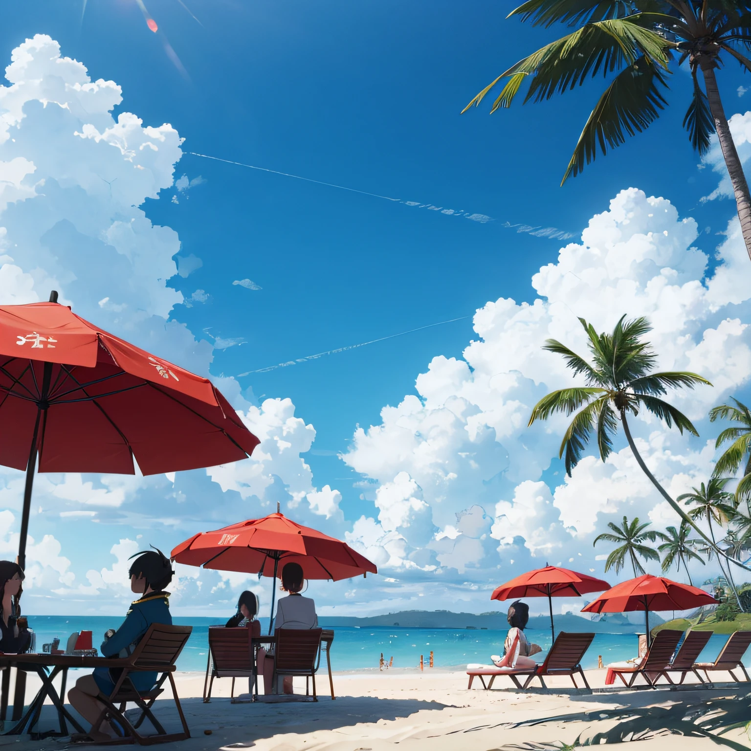 Beach by the sea, umbrellas, blue sky and white clouds, big sun, umbrellas on the beach, looking up at the lens, anime style, anime, blue painting style 4K --auto