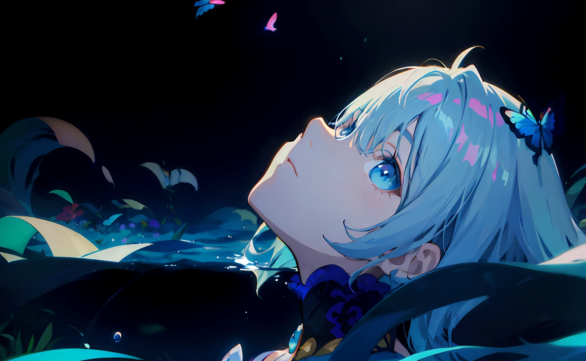 Anime girl with long hair with blue eyes in the sea, looking to the side, beautiful and delicate eyes, delicate and beautiful face, best anime 4k konachan wallpaper, anime blue water wallpaper, anime art wallpaper 4k, anime art wallpaper 4k, anime art wallpaper 8K, 4K anime wallpaper, anime style 4K, anime wallpaper 4K, anime wallpaper 4K, rem Cree zero, glossy anime land, ((masterpiece)), (((bestquality))), ((super detailed), ((illustration)),dynamicangle,((solo:1.4)) 1girl,kimono,(cowboy shot:1.4), long hair, light simle,light bush, ((bubble)), (solo:1.2), (reflective water: 1.2), ((partially underwater shooting)), ripples, floating flowers, flowers, glowing butterflies, ((water)), caustics, moon, blue theme, ((lying)), nose, ((realistic)), 8k wallpaper, masterpiece, cinematic lighting, top quality, illustration, dramatic angle, ((color: 1.1)), ((color inner hair: 1.4)), 1 girl, solo, long hair, water, blue eyes, ponytail, liquid hair, white hair, bangs, bangs block eyes, from side, silhouette, upper body, blue hair, pink hair,   Bare shoulders, bare neck, collarbone, portrait, between hair, colorful hair