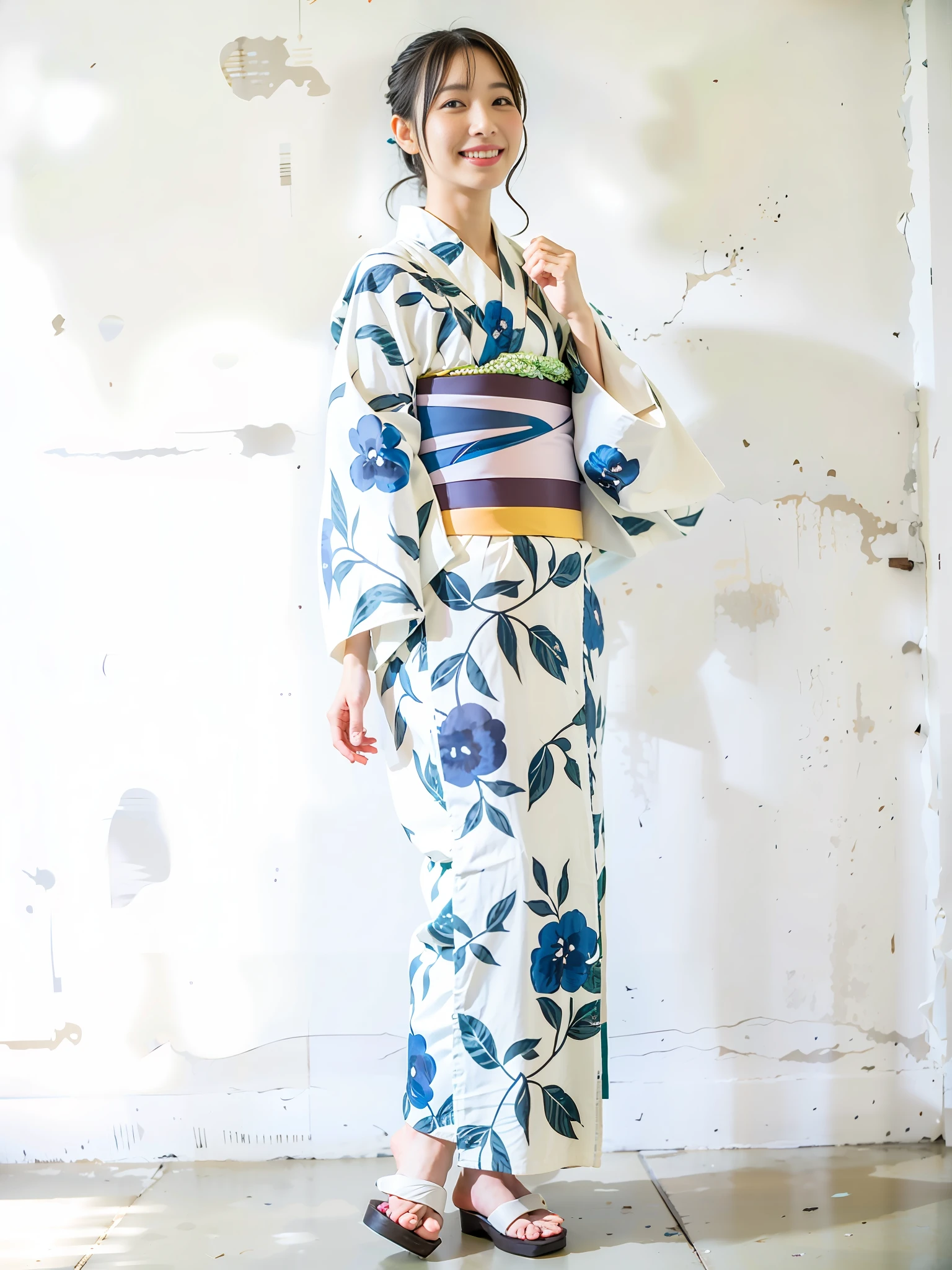 Japan idol woman in blue and white kimono standing in front of white wall, yukata, elegant yukata, kimono, kimono, kimono, Japan kimono, classic kimono, Japan clothes, Japanese style, kimono, light colored kimono, royal kimono, wearing kimono, hakama kimono, Japan style, white background, smile