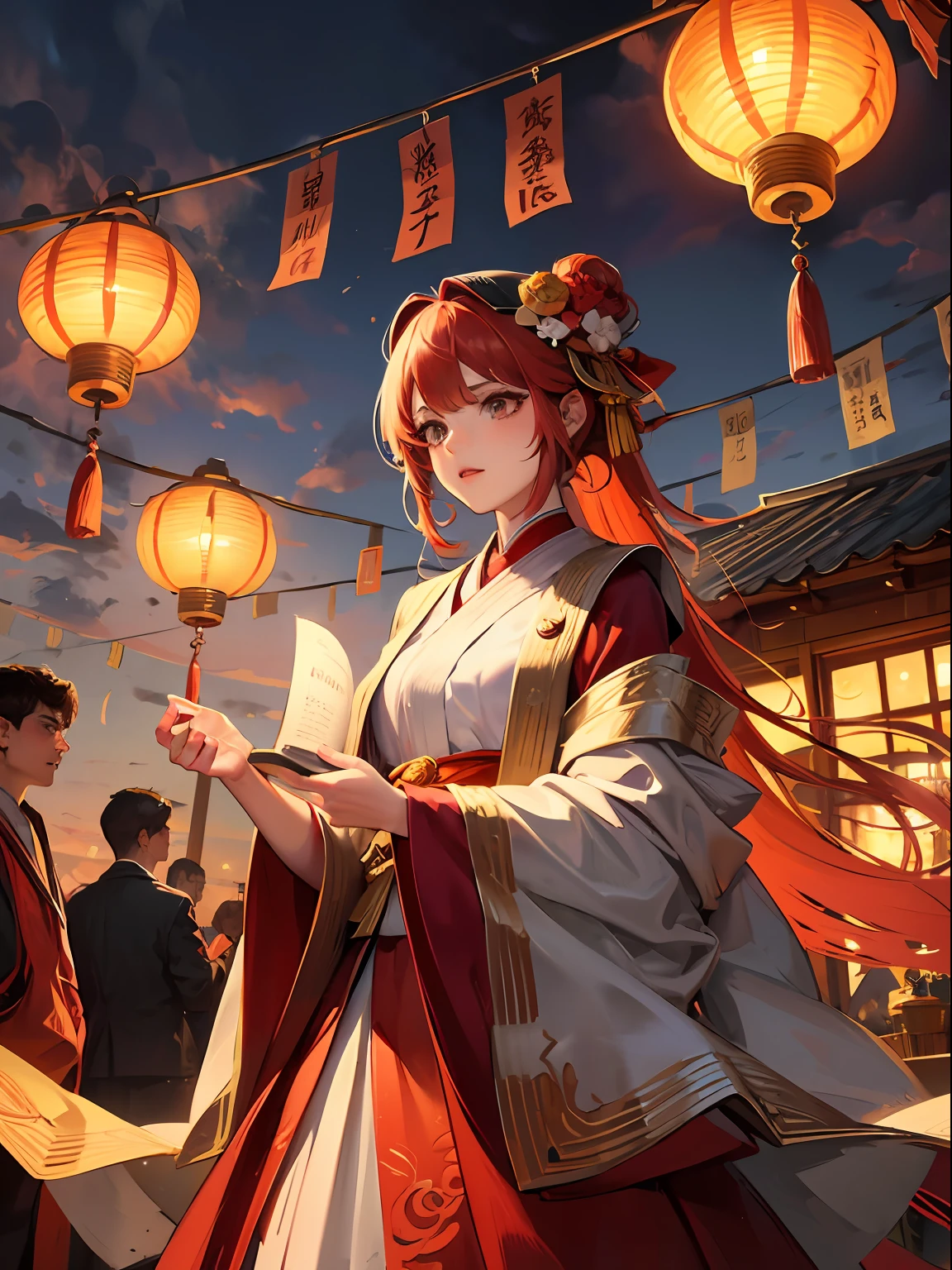 National tide girl, ancient style girl, surrounded by clouds, red elements, two-dimensional, surrounded by lanterns, --auto