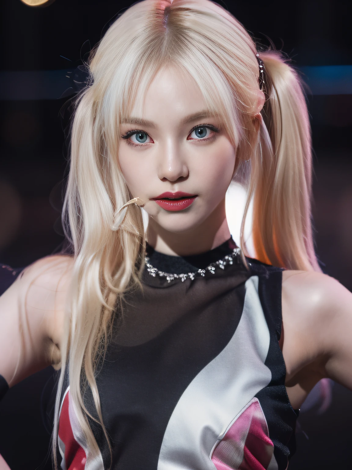 (8K, 4K, Best Quality, Highres, Ultra High Res:1.1), (Masterpiece, Realistic, Photo-Realistic:1.1), 1girl, Face, Close-Up, Twintails, Blonde Hair, Black Eyes, Red Lips, (Looking in Audience: 2), Wearing a trendy football uniform, ridiculously long hair, long eyelashes, eye shadow, small face, big eyes, bare shoulders, high contrast,