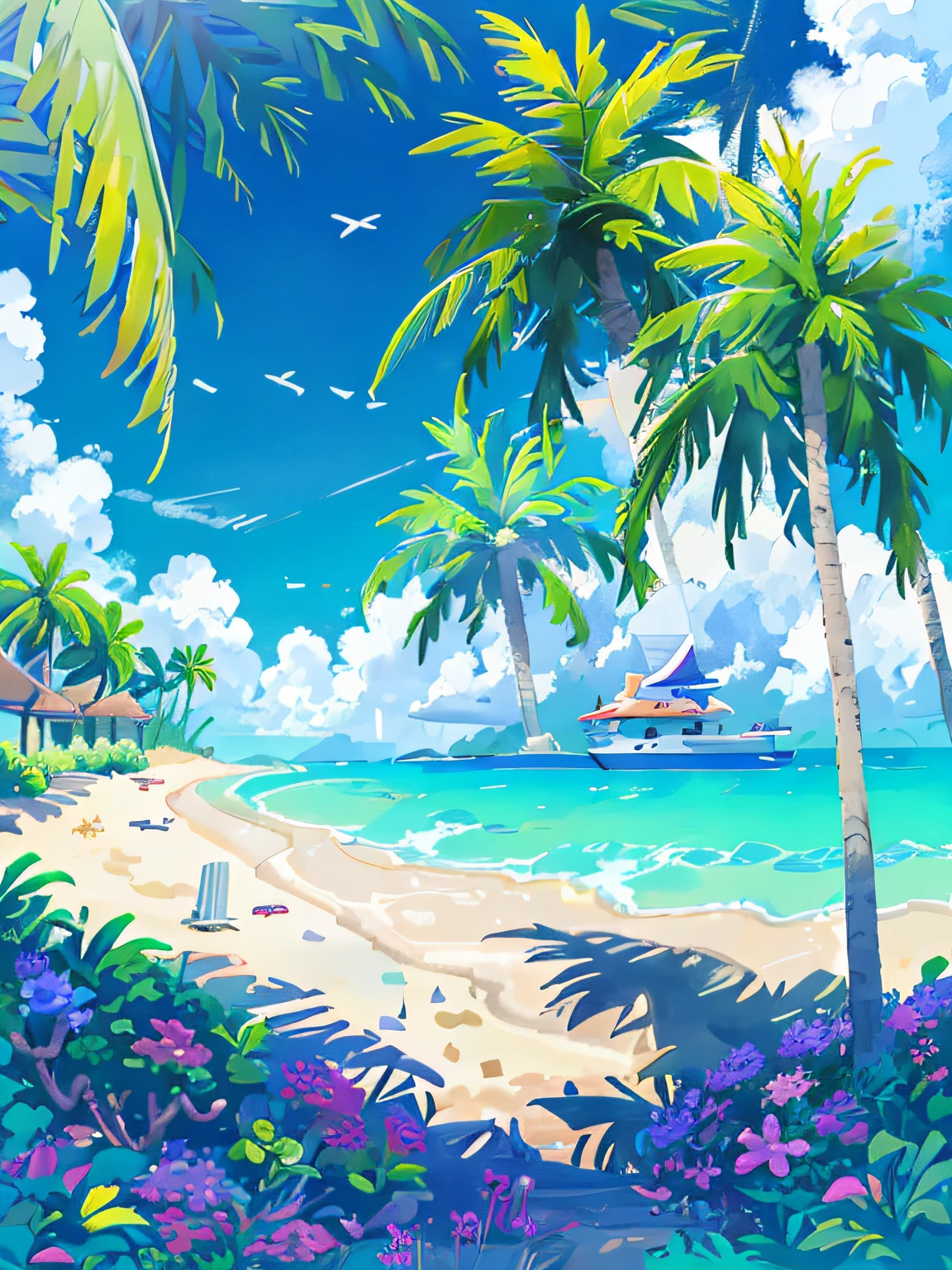 there is a picture of a beach with palm trees and a plane, anime background art, anime background, beautiful anime scenery, tropical beach paradise, anime scenery, island background, sunny day at beach, at a tropical beach, tropical beach, beach background, anime beautiful peace scene, magical beach, detailed scenery —width 672, beautiful beach, anime landscape wallpaper