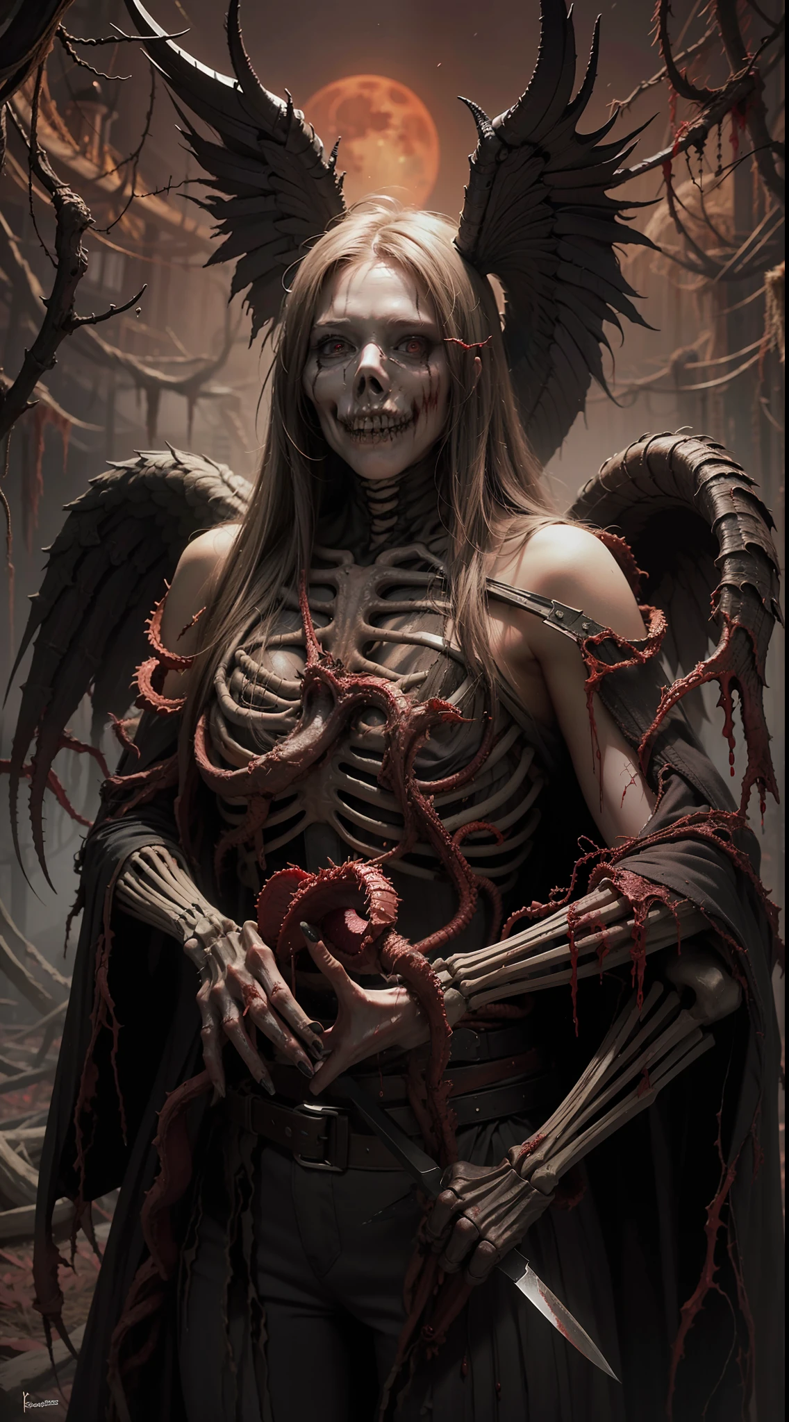 Fine matte painting, skeleton dark angel big wings haunted castle on drawing table full of knives, horror, spookiness, scary, secret horror, tentacles, vines, eyes, uncanny valley effect teeth, limbs, animals, blood moon