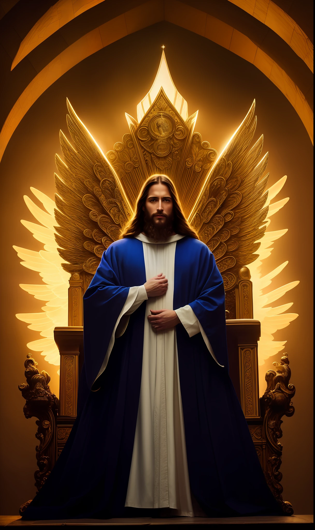 super high resolution, best quality, photo, 8k, (photorealistic: 1.2), cinematic lighting, A Jesus Christ, year giant angels with beard in bright white robes and floating on the crystal throne floating on crystal clouds, yellow eyes, bright yellow light emitted from the throne, precious stones floating in the sky, God, with beams of light enveloping his body, with large translucent wings,  feathered on the crystal throne, wings are open, golden light (halo:1.2) over your head, abdominal muscles dressed in medieval golden armor, beard, masculine, dark, masterpiece, best quality, intricate details, snow environment and crystals in the background, crystal cathedral, portal of the future, 3D light, HD, magic, god of light, backlighting, detailed face, DREAD, depth of field,  soft lighting, mapped tone, highly detailed, concept art, smooth, sharp focus, dramatic lighting, highly detailed art, cinematic, 8K, amazing shadows (highly detailed background: 1.2)