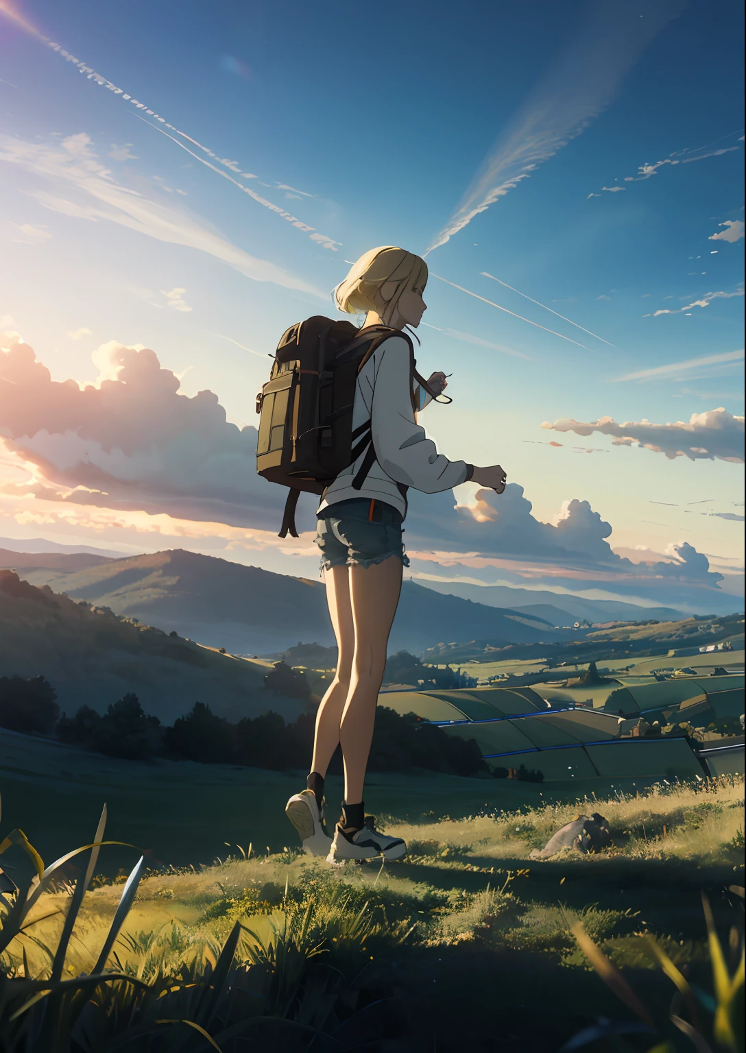 The vast sky, the beautiful horizon, the great pastures, the extremely tense and dramatic images, the moving visual effects, the suspended Polaris and the colorful natural light. Long-sleeved top, jean shorts and a blonde woman with backpack.