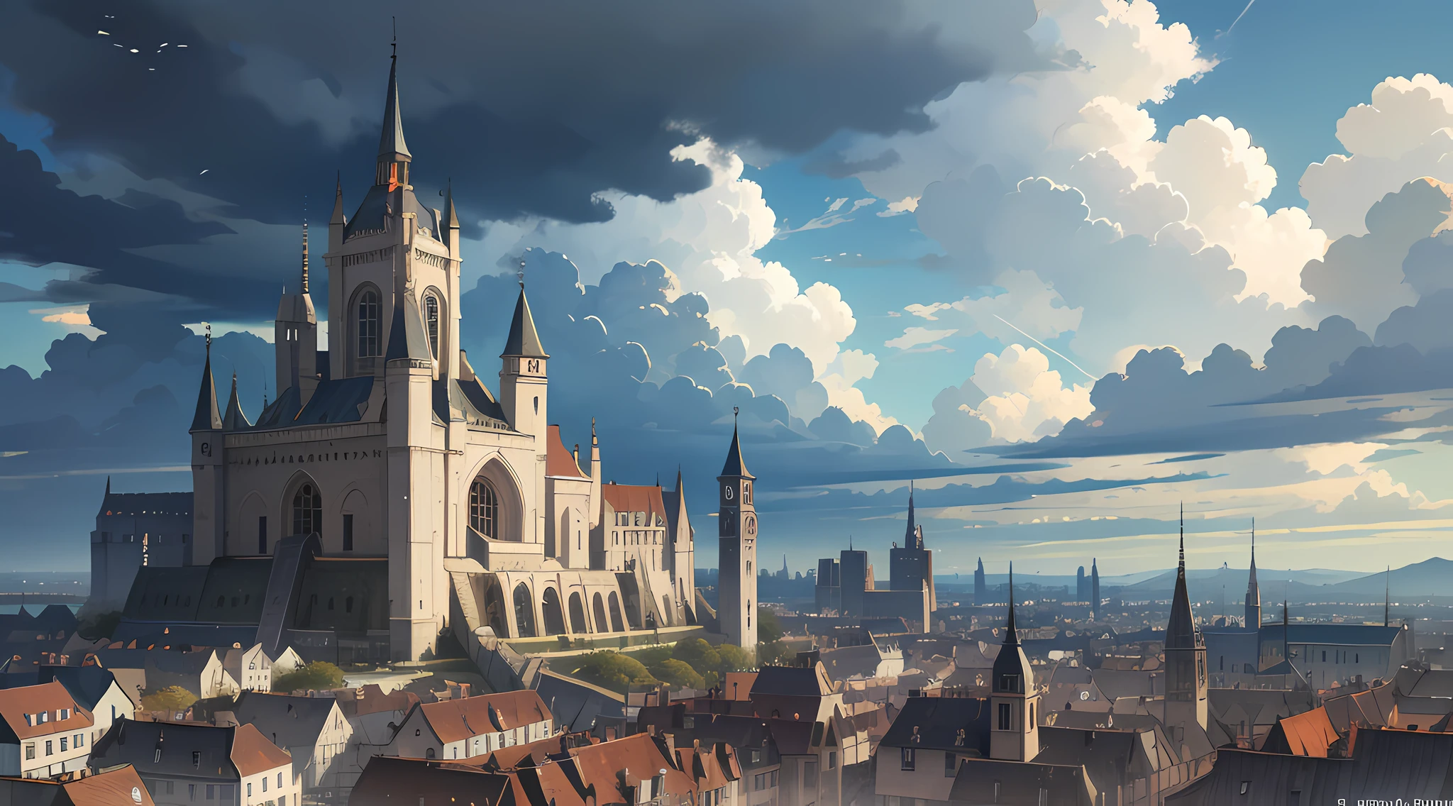 masterpiece, medieval fantasy city, dramatic camera angle, cloudy skies
