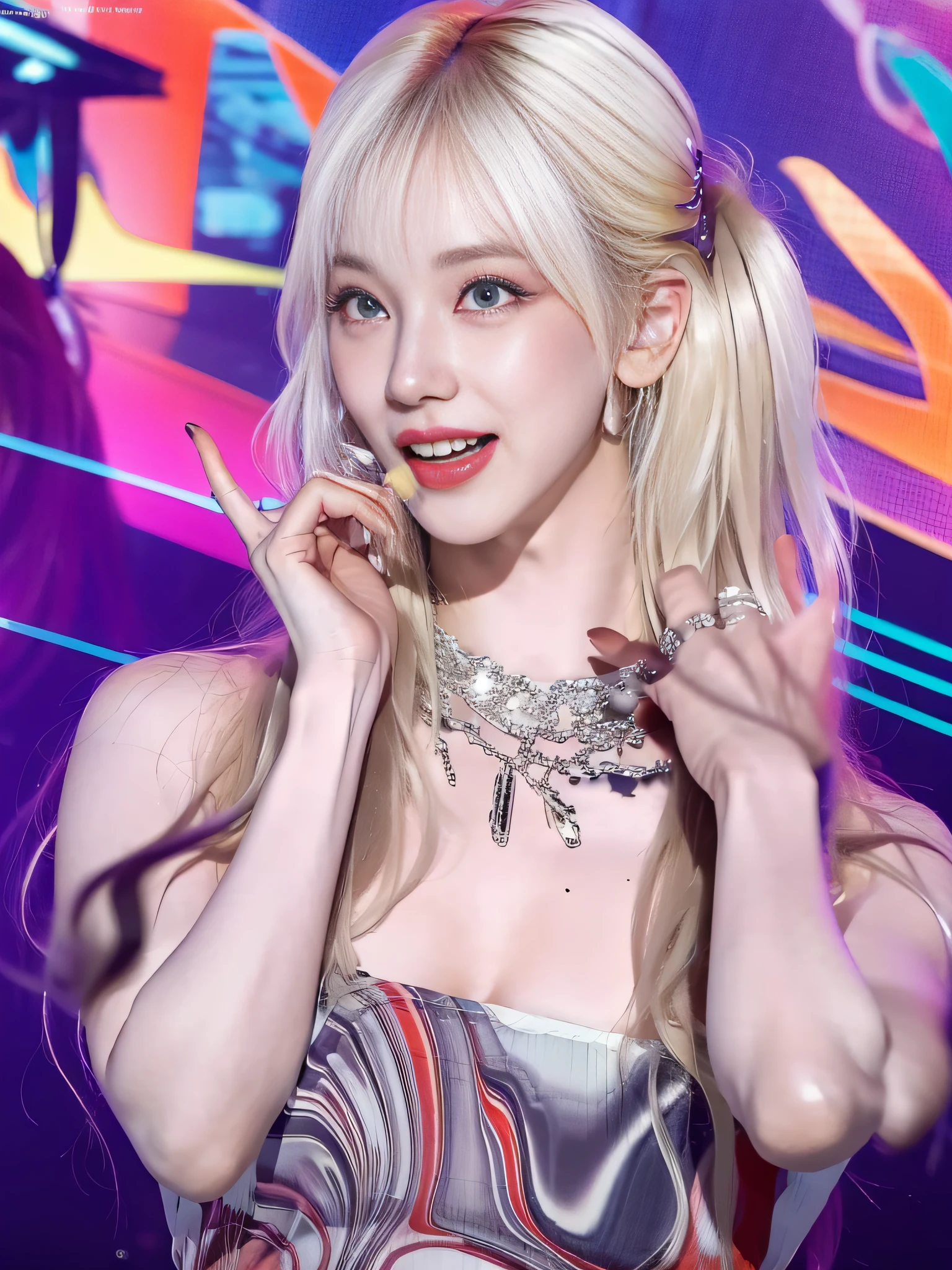 (8k, 4k, best quality, highres, ultra high res:1.1), (masterpiece, realistic, photo-realistic:1.1), 1girl, face, close-up, twintails, blonde hair, black eyes, red lips, ( looking in audience: 1.5), wearing colorful dresses, transparent tulle, ridiculously long hair, long eyelashes, eye shadow, small face, big eyes, bare shoulders, high contrast,