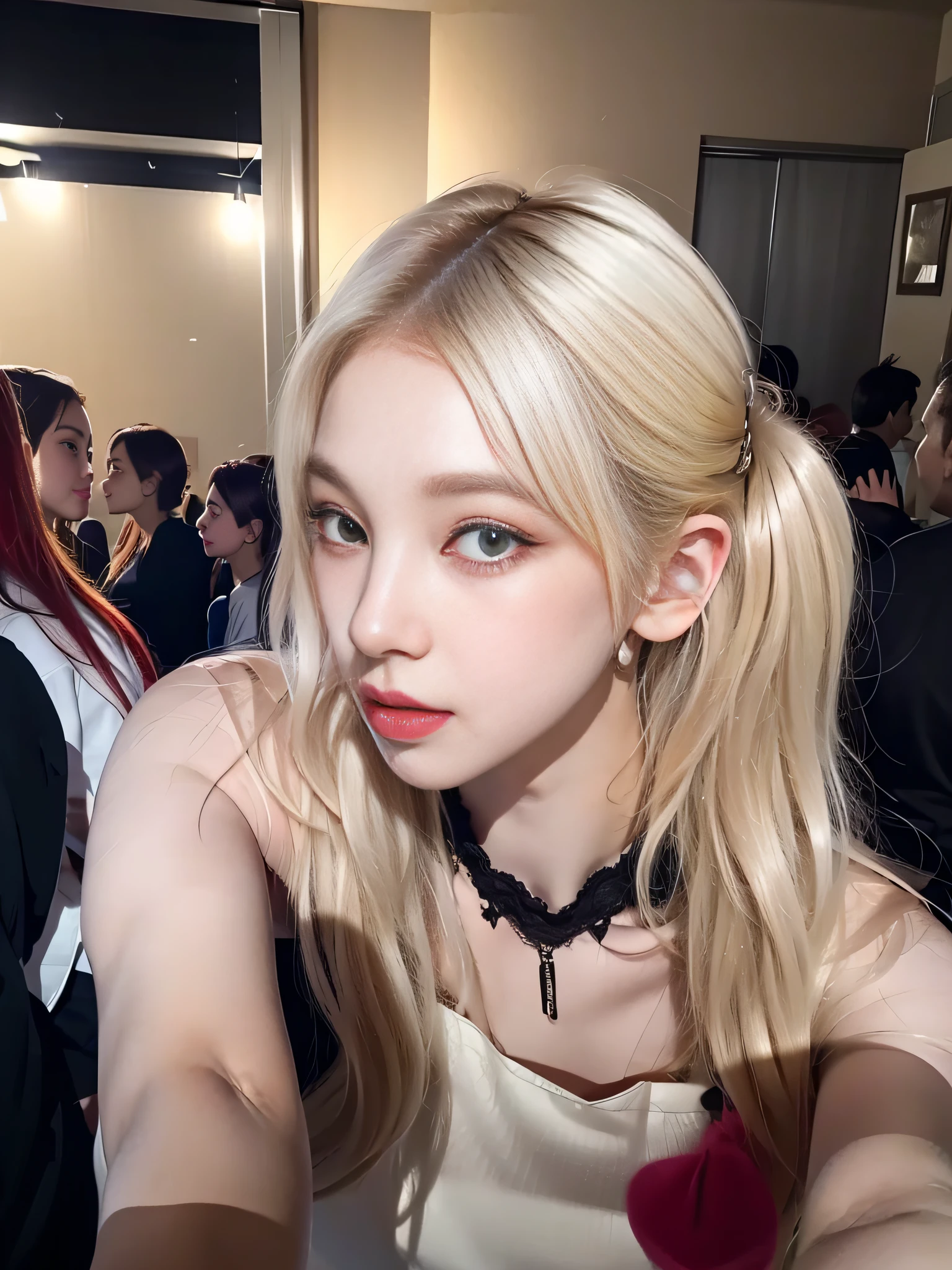 (8k, 4k, best quality, highres, ultra high res:1.1), (masterpiece, realistic, photo-realistic:1.1), 1girl, face, close-up, twintails, blonde hair, black eyes, red lips, ( looking in audience: 1.5), wearing colorful dresses, transparent tulle, ridiculously long hair, long eyelashes, eye shadow, small face, big eyes, bare shoulders, high contrast,