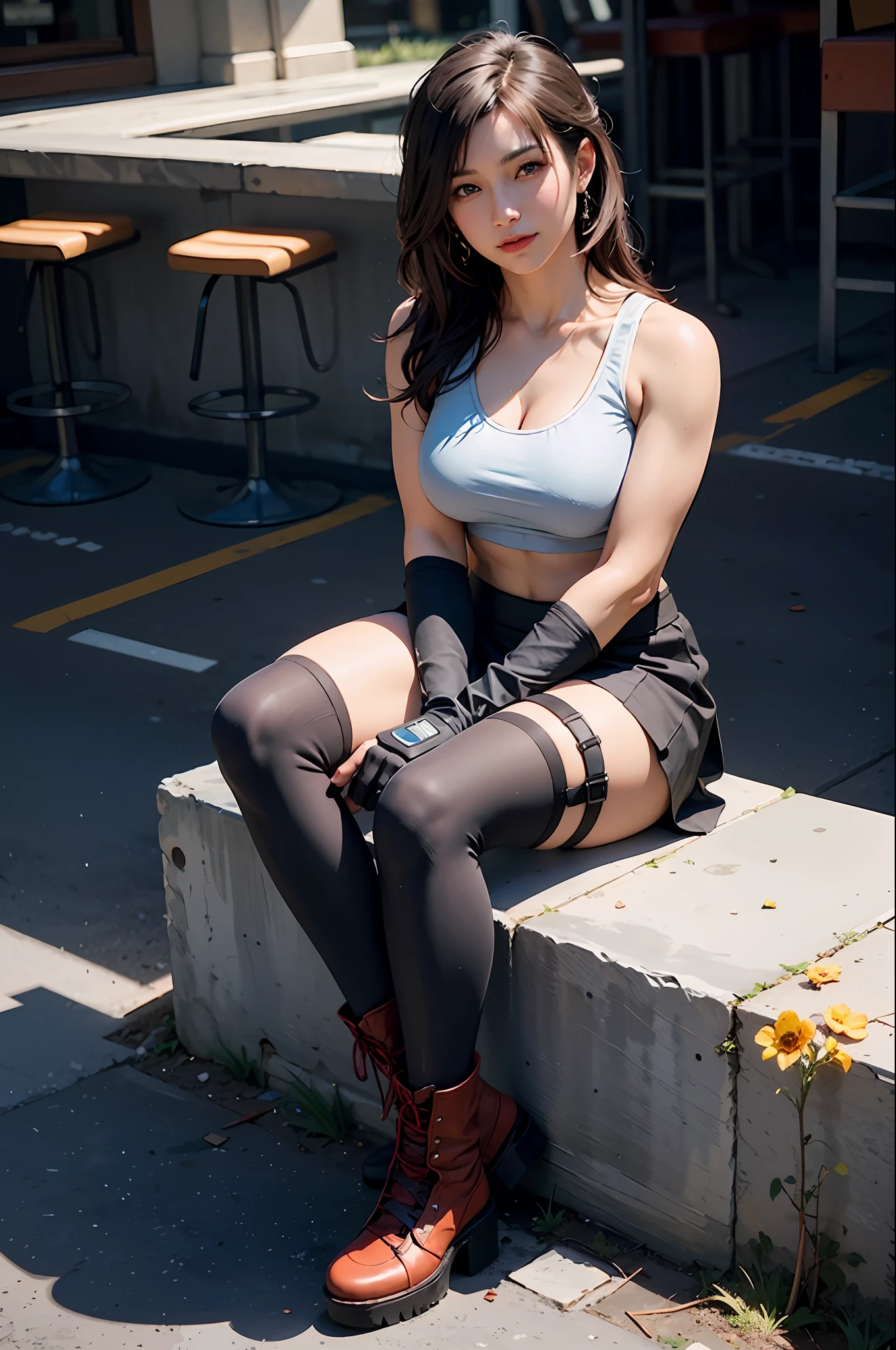 (8K, Top Quality, Masterpiece: 1.2), (Realistic, Photorealistic: 1.37), Ultra HD, Final Fantasy VII Remake&#39;s Tifa Lockhart sitting on a date in a highly detailed café in a cityscape A detailed portrait with beautiful detailed eyes and a blushing nose that makes you look cute and solo. She wears single elbow pads, ankle boots, a black skirt, black thigh-highs, red boots, and elbow gloves, elbow pads, and fingerless gloves. Her outfit includes a sports bra, suspender skirt, thigh highs, and a white tank top. The full body is visible with the head resting on the hand, revealing a pretty face, long hair tied low, and lips. The scene is lit with professional lighting, photon mapping and radiosity, creating a cyberfuturistic atmosphere in the style of Tetsuya Nomura. The background features yellow flowers and a bokeh effect. Tifa smiled a little and closed her mouth.