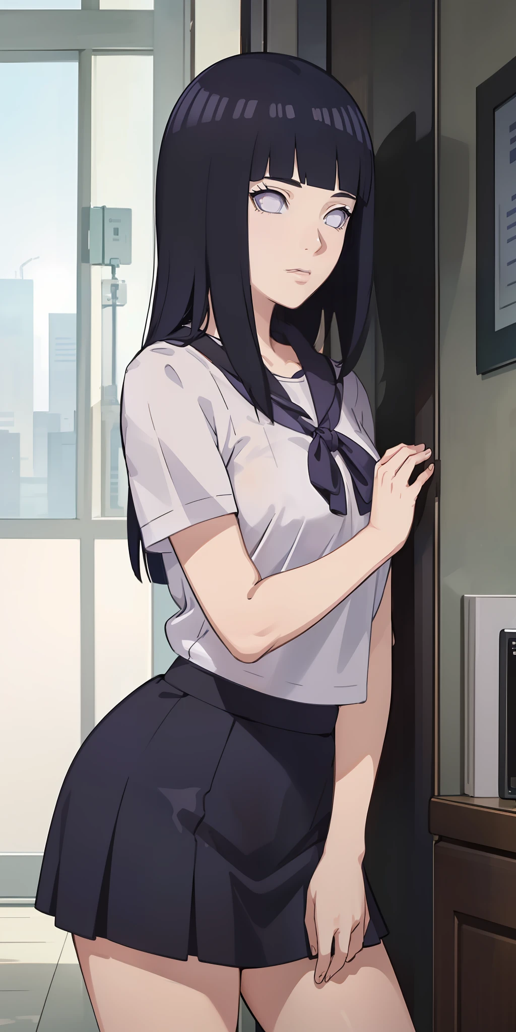 masterpiece, best quality, ultra-detailed, illustration,1girl,
long hair, dark blue hair,
medium breast, short skirt
looking at viewer, hinata/(boruto/)