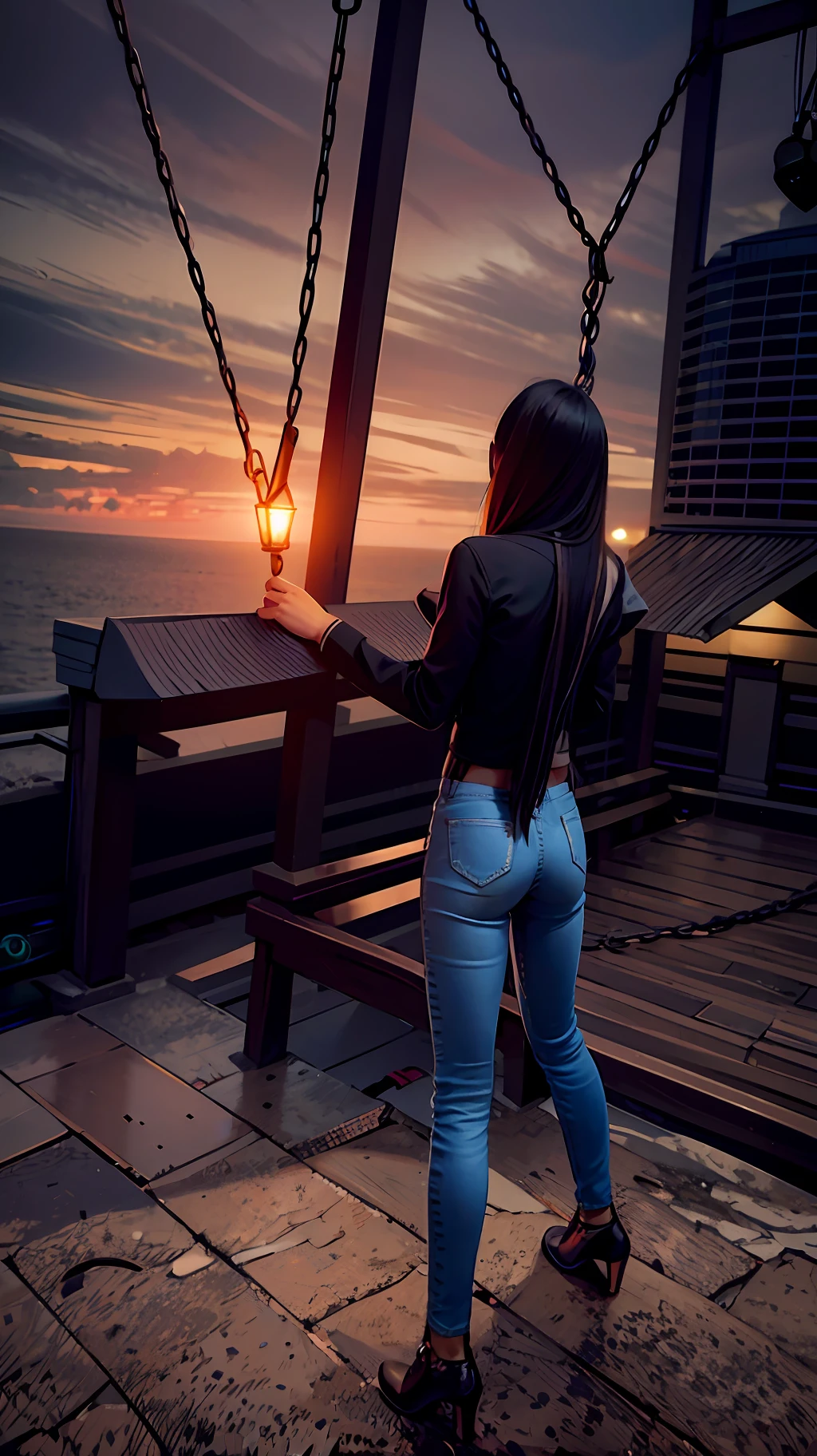 araffed woman in jeans and boots standing near a bell, long hair windy, low quality video, long hair girl, girl with super long hair, black extremely tight jeans, the woman has long dark hair, asian girl with long hair, behind her is a scary atmosphere, view from the back, long shot from the back, long hair straight down