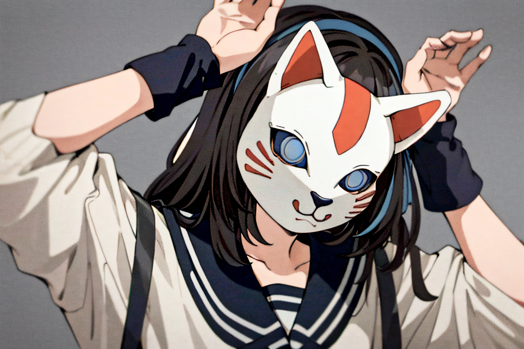 phony, 1girl, solo, looking at viewer, simple background, mask, cat mask, upper body, grey background, arms up, bunny pose, (masterpiece, best quality:1), bags under eyes, bangs, black hair, blue eyes, halo, blue hairband, brown cardigan, long hair, white serafuku, white skirt,