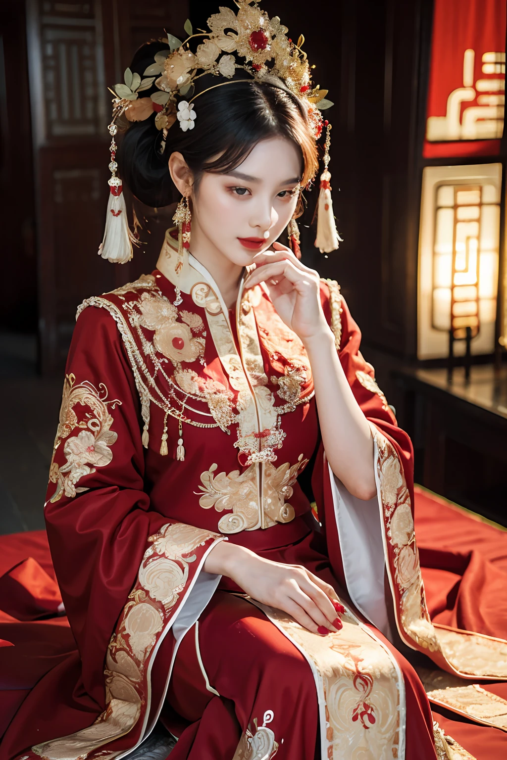 (ultra realistic 8k CG:1.2),perfect artwork,delicate pattern,intricate detail, (unparalleled masterpiece,best quality:1.2),(extremely intricate:1.2),a woman in a red and gold dress, Phoenix crown,hair stick,(sitting on red bed),Cosmetic,blush,shy,black_hair, looking down, Cosmetic,(forehead dot),(2 red candles), chinese_clothes, curtains, earrings, hair_ornament, hanfu, indoors, jewelry, red nails, long_sleeves, red dress, red lips, tassel, (Red quilt),(red palace:1.2),(ancient Chinese architecture),(red:1.8),night