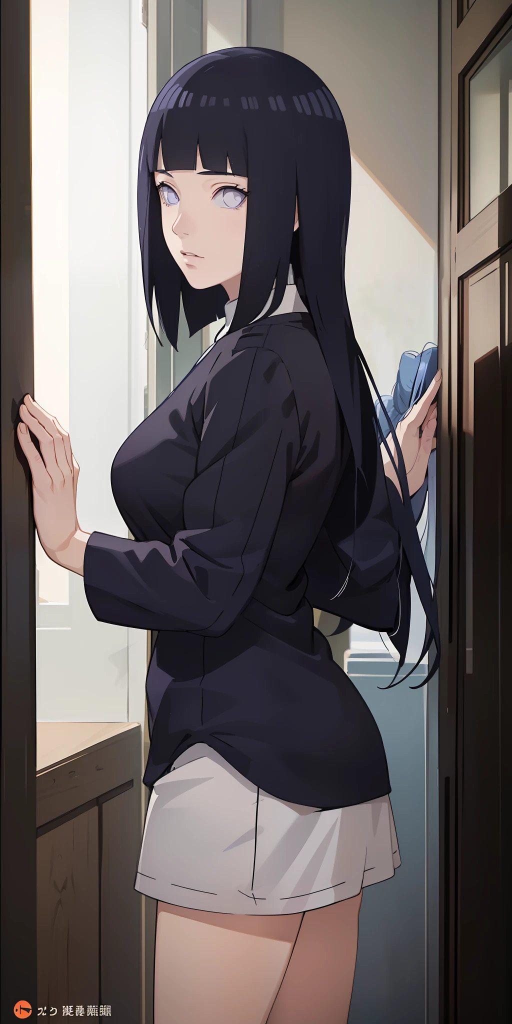 masterpiece, best quality, ultra-detailed, illustration,1girl,
long hair, dark blue hair, 
medium breast,  
looking at viewer, hinata/(boruto/)