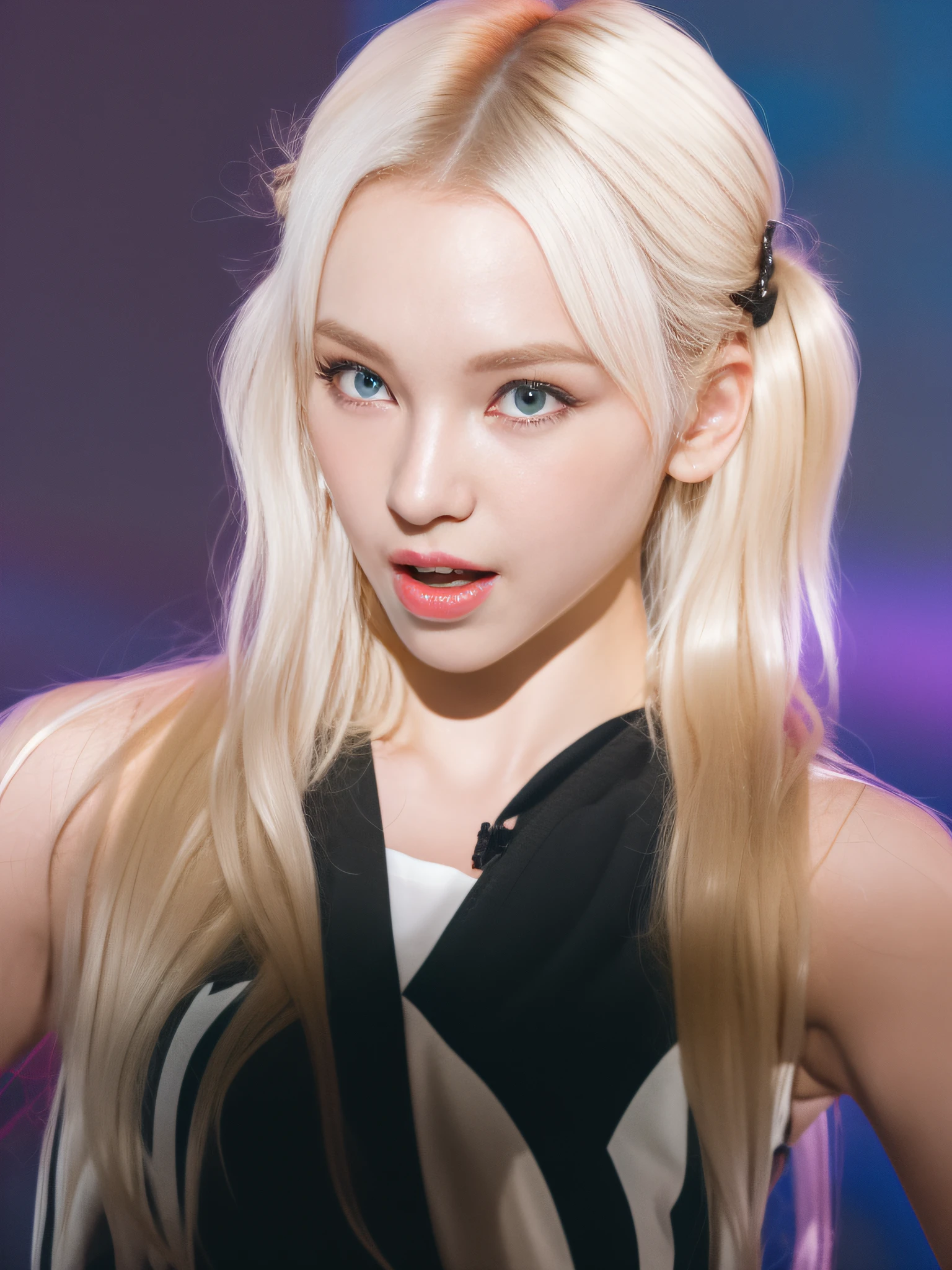 (8K, 4K, Best Quality, Highres, Ultra High Res:1.1), (Masterpiece, Realistic, Photo-Realistic:1.1), 1girl, Face, Close-Up, Twintails, Blonde Hair, Black Eyes, Red Lips, (Looking in Audience: 2), pink suspenders,, ridiculously long hair, long eyelashes, eye shadow, small face, big eyes, bare shoulders, high contrast,