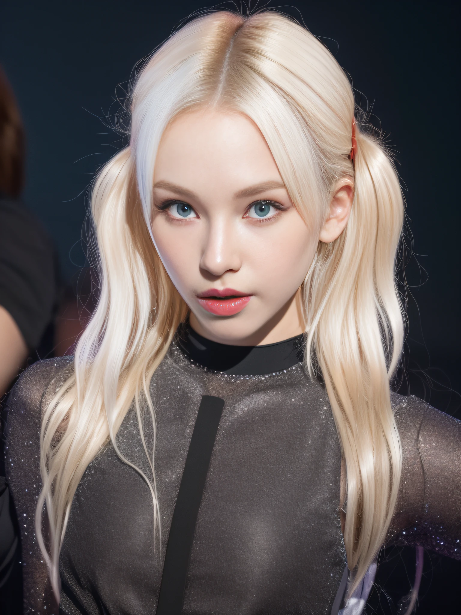 (8K, 4K, Best Quality, Highres, Ultra High Res:1.1), (Masterpiece, Realistic, Photo-Realistic:1.1), 1girl, Face, Close-Up, Twintails, Blonde Hair, Black Eyes, Red Lips, (Looking in Audience: 2), pink suspenders,, ridiculously long hair, long eyelashes, eye shadow, small face, big eyes,  shoulders, high contrast,