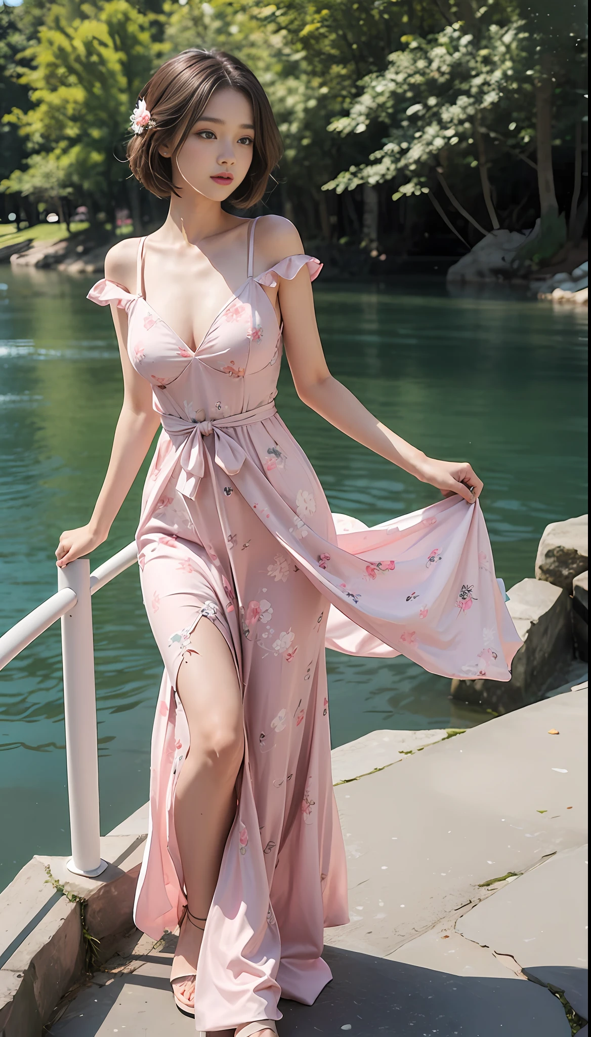 Girl in pink floral long dress dancing under a tree, full body, with cut T-shirt, bra, slim figure, (hairstyle casual, no leakage of big breasts: 1.3), slim girl model, 22 years old female model, beautiful twins, next to a small river, 4K, 8K, best picture quality, masterpiece, romantic dress, flowing dress, wearing pink floral dress, long skirt, wearing a flowing dress, thin waist, pink dress, wearing a flower long dress, wearing a pink dress, summer dress, Soft silk dress, wearing pink dress, wearing a flowing sun dress, beautiful silk dress