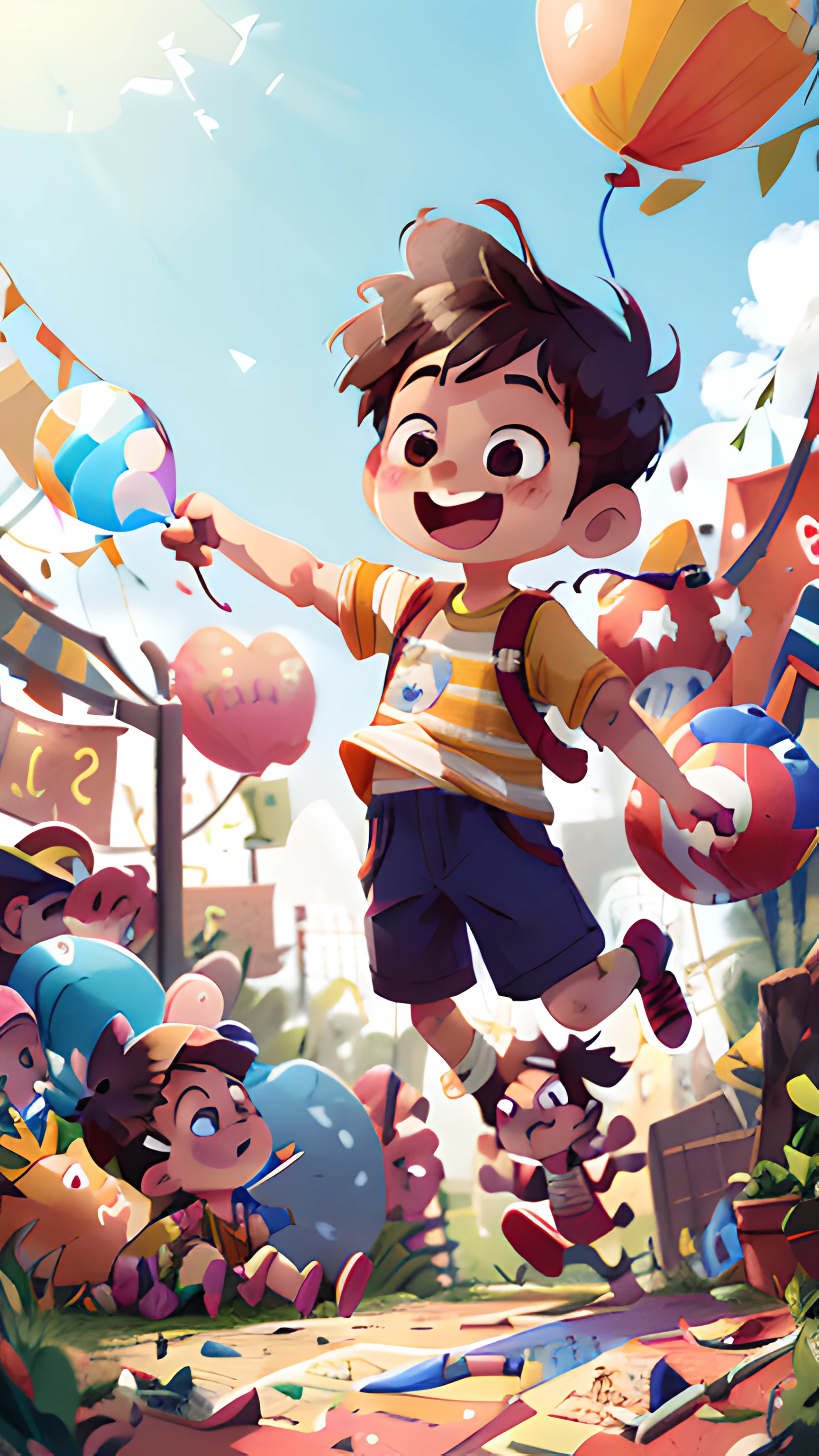 Poster making, Children's Day, in the amusement park, a little boy holding a balloon, happy, jumping, happy --v 6