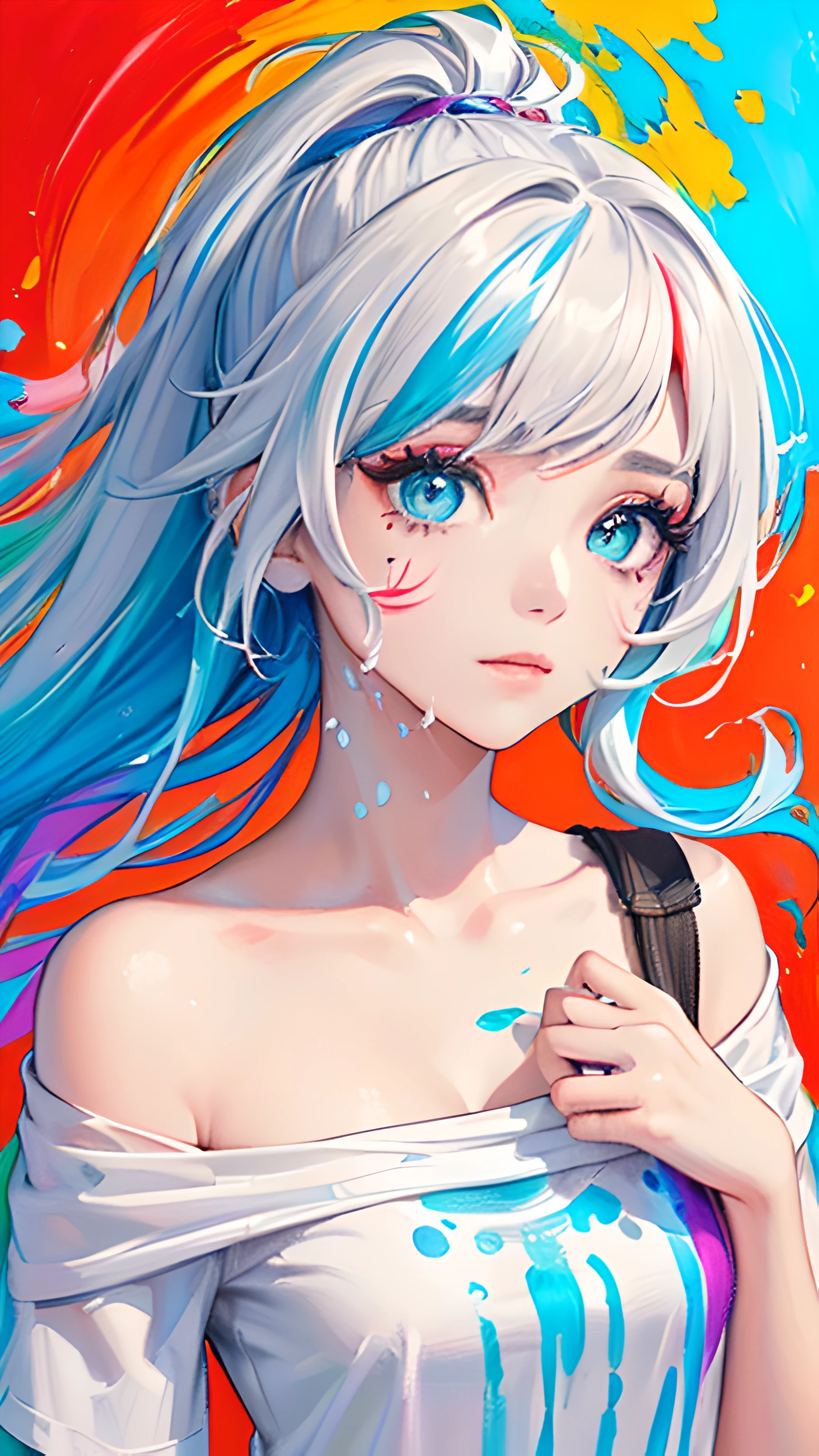 (Pink Fashion T-shirt:1.9),(Colorful hair: 1.8), (all the colours of the rainbow: 1.8),(((((vertical painting:1.6))), (painting:1.6),front, comics, illustrations, paintings, large eyes, crystal clear eyes,( rainbow color gradient high ponytail:1.7), exquisite makeup, closed mouth,(Small Fresh: 1.5),(Wipe Chest: 1.6) ,long eyelashes, white off shoulder T-shirt, White Shoulder Shirt,looking at the audience, large watery eyes, (rainbow colored hair:1.6), color splash, (solo:1.8), color splash, color explosion, thick paint style, messy lines, ((shining)),(colorful), (colorful), (colorful), colorful, Thick Paint Style, (Splash) (Color Splash), Vertical Painting, Upper Body, Paint Splash, Acrylic Pigment, Gradient, Paint, Highest Image Quality, Highest Quality, Masterpiece, Solo, Depth of Field, Face Paint, colorful clothes, (Elegant: 1.2), gorgeous,long hair, wind, (Elegant: 1.3), (Petals: 1.4),(((masterpiece))),(((best quality))),((ultra-detailed)),(illustration),(dynamic angle),((floating)),(paint),((disheveled hair)),(solo),(1girl) , (((detailed anima face))),((beautiful detailed face)),collar,bare shoulders,white hair, ((colorful hair)),((streaked hair)),beautiful detailed eyes,(Gradient color eyes),(((colorful eyes))),(((colorful background))),(((high saturation))),(((surrounded by colorful splashes))),