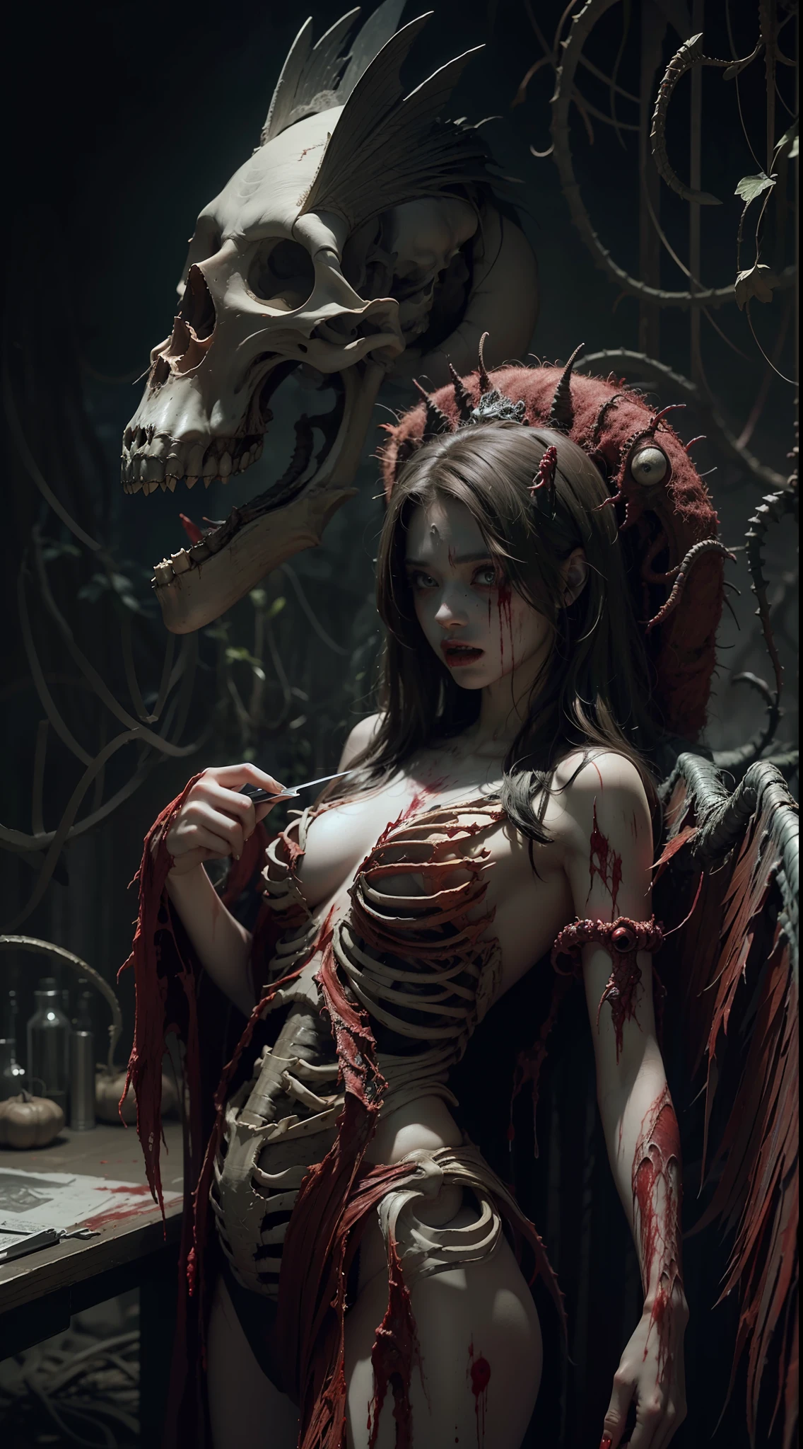 Fine matte painting, skeleton dark angel big wings haunted castle on drawing table full of knives, horror, spookiness, scary, secret horror, tentacles, vines, eyes, uncanny valley effect teeth, limbs, animals, blood moon