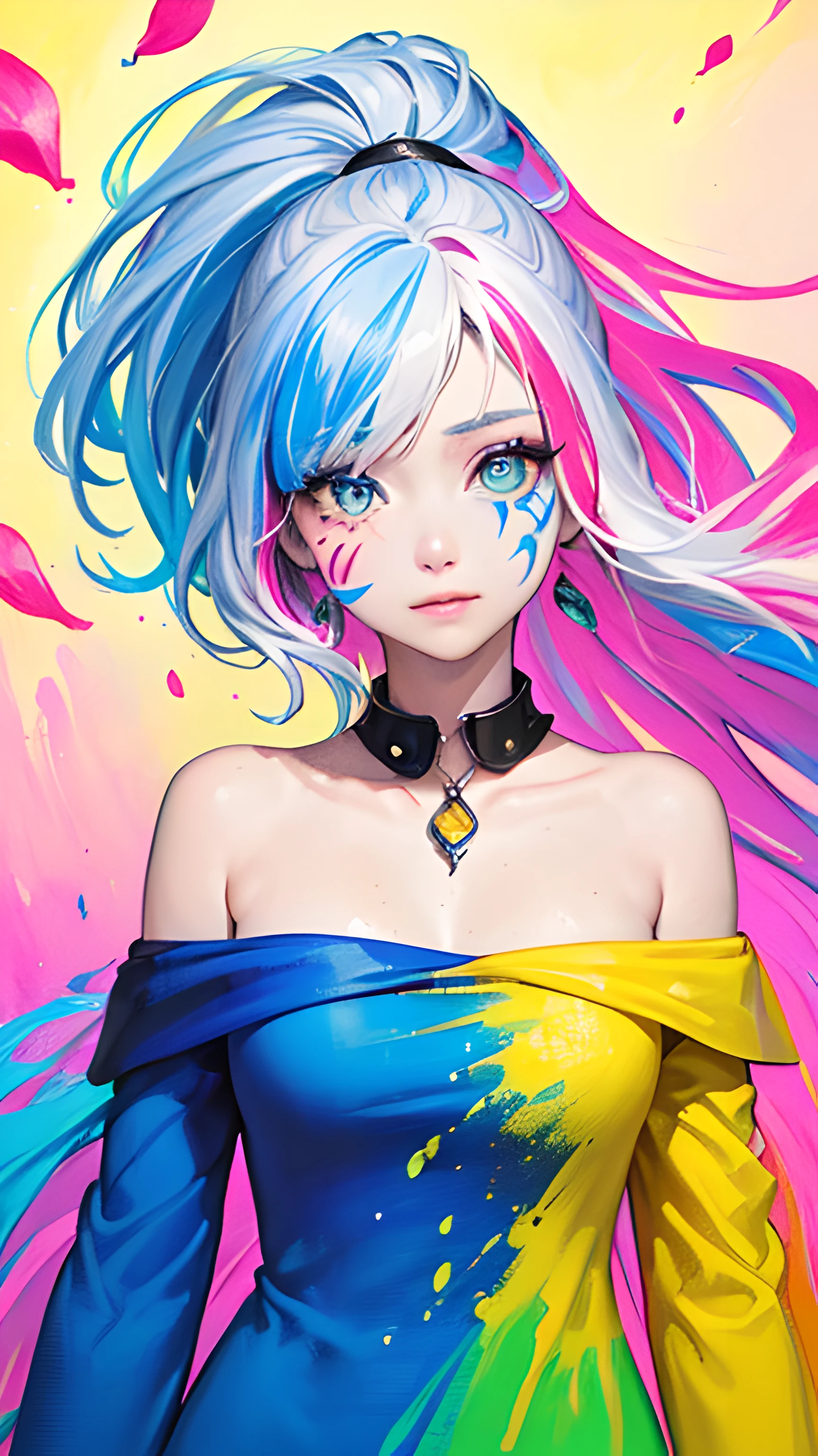(Pink Fashion T-shirt:1.9),(Colorful hair: 1.8), (all the colours of the rainbow: 1.8),(((((vertical painting:1.6))), (painting:1.6),front, comics, illustrations, paintings, large eyes, crystal clear eyes,( rainbow color gradient high ponytail:1.7), exquisite makeup, closed mouth,(Small Fresh: 1.5),(Wipe Chest: 1.6) ,long eyelashes, white off shoulder T-shirt, White Shoulder Shirt,looking at the audience, large watery eyes, (rainbow colored hair:1.6), color splash, (solo:1.8), color splash, color explosion, thick paint style, messy lines, ((shining)),(colorful), (colorful), (colorful), colorful, Thick Paint Style, (Splash) (Color Splash), Vertical Painting, Upper Body, Paint Splash, Acrylic Pigment, Gradient, Paint, Highest Image Quality, Highest Quality, Masterpiece, Solo, Depth of Field, Face Paint, colorful clothes, (Elegant: 1.2), gorgeous,long hair, wind, (Elegant: 1.3), (Petals: 1.4),(((masterpiece))),(((best quality))),((ultra-detailed)),(illustration),(dynamic angle),((floating)),(paint),((disheveled hair)),(solo),(1girl) , (((detailed anima face))),((beautiful detailed face)),collar,bare shoulders,white hair, ((colorful hair)),((streaked hair)),beautiful detailed eyes,(Gradient color eyes),(((colorful eyes))),(((colorful background))),(((high saturation))),(((surrounded by colorful splashes))),