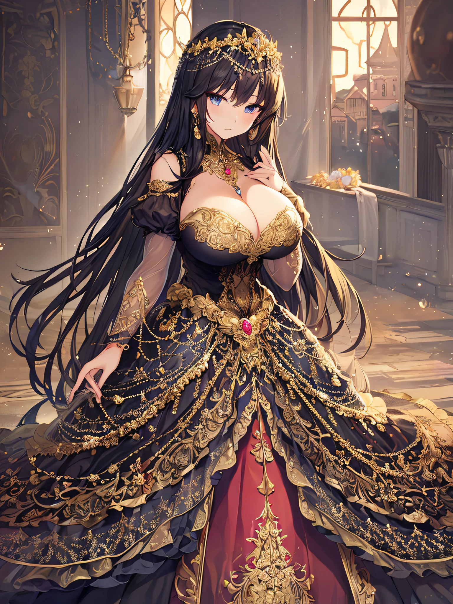 ((anime artstyle)),(Masterpiece),(Best Quality), (Super Detail),Illustration,((Very Delicate and Beautiful)),Focus on character,Dynamic Angle,Looking at viewer,((Solo)),standing,(((full body))),perfect anatomy,((one noble princess in gorgeous ball gown with voluminous skirt)),detailed face and eyes,jewel-like eyes,((Very Long voluminous Hair)),gorgeous embroidery and lace,See-through,ornate ruffles,Gorgeous jewelry ornaments,(gigantic breasts,Long breasts),((gorgeous ball gown with voluminous skirt)),full body