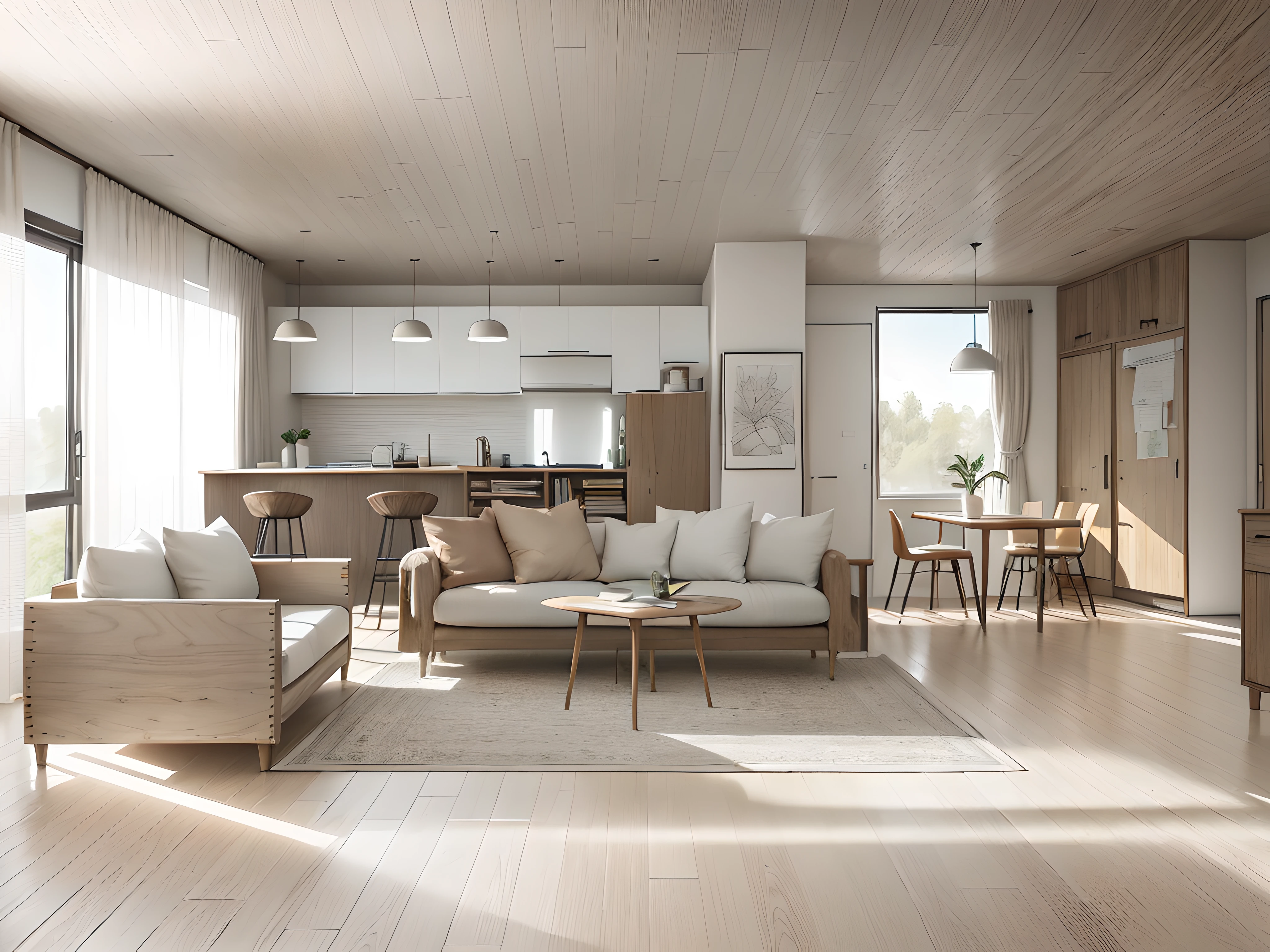 a sketch of a beautiful modern living room, (((foster and partners, artists impression, artistic impression, by Hamish MacDonald, by Carey Morris, by David Brewster, higher detailed illustration, by Helen Berman, an illustration, detailed illustration, by Nick Fudge, by Warren Mahy, artist's impression))), a red kitchen cabinet behind the white sofa, with minimal pictures on the wall, linen curtain next to the classroom window, coffee table, modern wood, ceiling with magnetic emissive lighting, white fabric PRB textures, wooden floor PRB texture,
