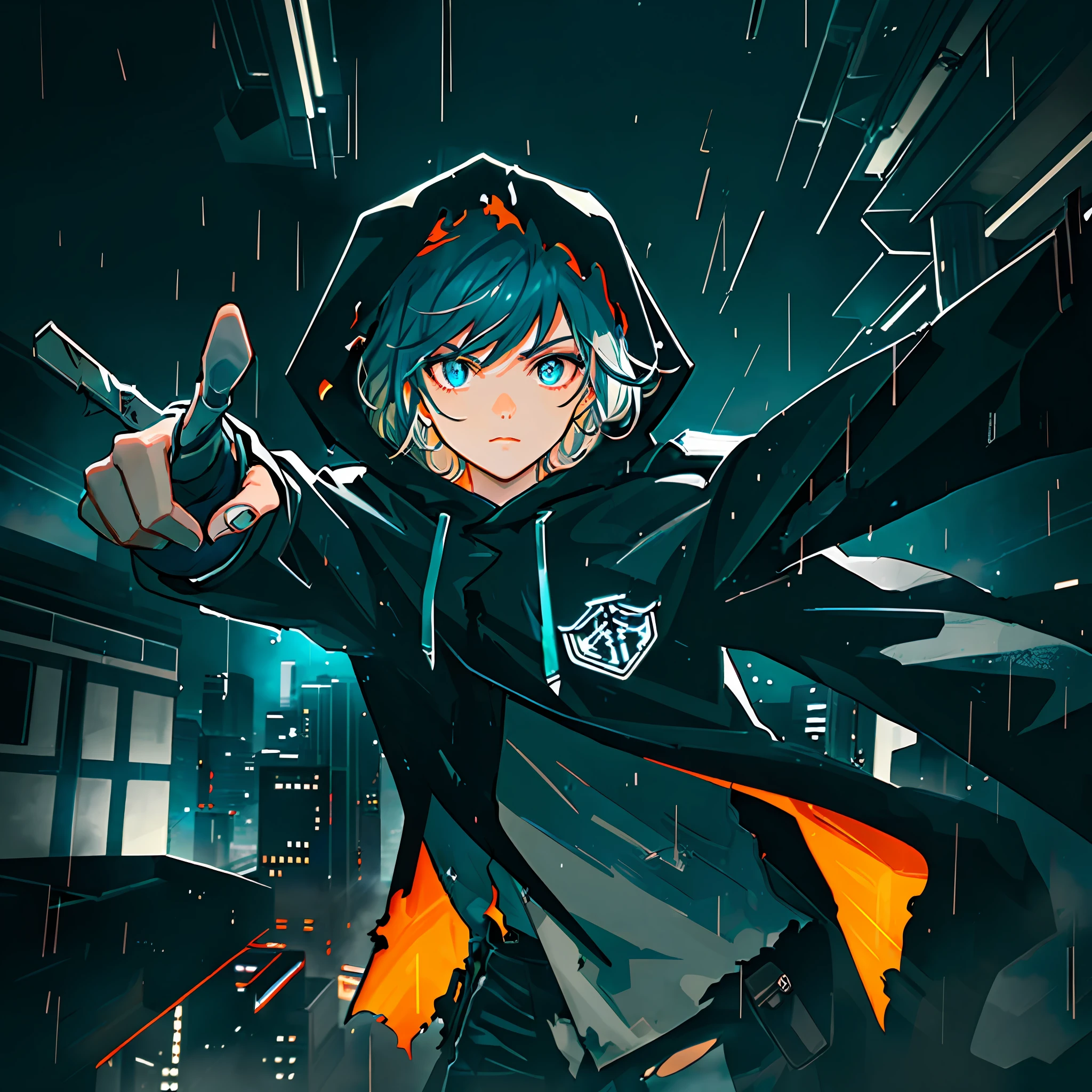 (Ultra detailed:1.3),(grainy:0.8), natural lighting, futuristic city, (raining:1.3), (dark:1.3), (fog:1.2), red lights, orange lights, blue lights AND half of girl, cape with hood, light logo, [cyberpunk clothing:torn fabric:0.32], red lights, orange lights, menacing, sharp, (pointing weapon at the viewer:1.2), white hair AND half of girl, cape with hood, light logo, [cyberpunk clothing:torn fabric:0.32], blue lights, green lights, menacing, sharp, (pointing weapon at the viewer:1.2), black hair,(Cold Colors:0.75)