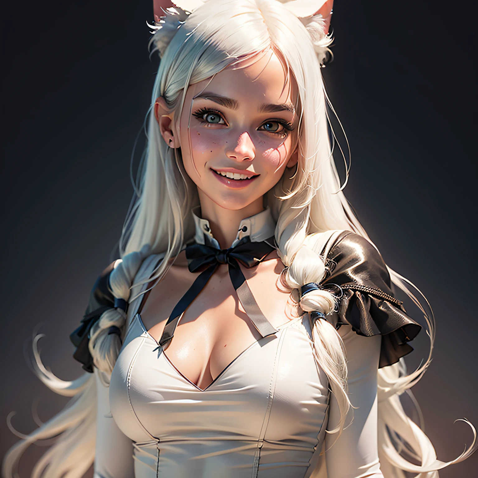 1girl ,(RAW photo:1.2), ((photorealistic:1.4),(masterpiece:1.3),(best quality:1.4),ultra high res,(detailed facial features),(detailed clothes features),HDR,8k resolution, solo focus, bangs, skin tight, (shiny skin),(slender girl),dreamlike, (extreme detailed illustration),check commentary,commentary request,scenery,no text, white cat ear, white cat tail, white hair, long hair,bunches, medium breasts, dress, ribbon collar, smile,(gradient background:1.2 ) --auto
