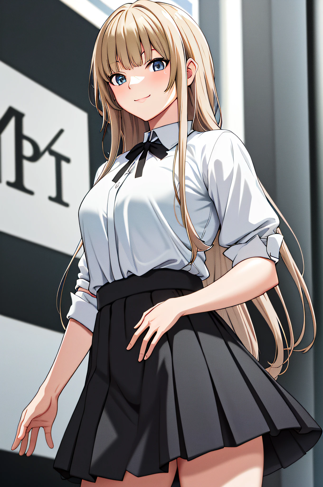 masterpiece, best quality, high resolution, KR1, blue eyes, dull bangs, blonde, smile, (white shirt), (black skirt), (black skirt), socks, small tits, standing, cowboy shot,