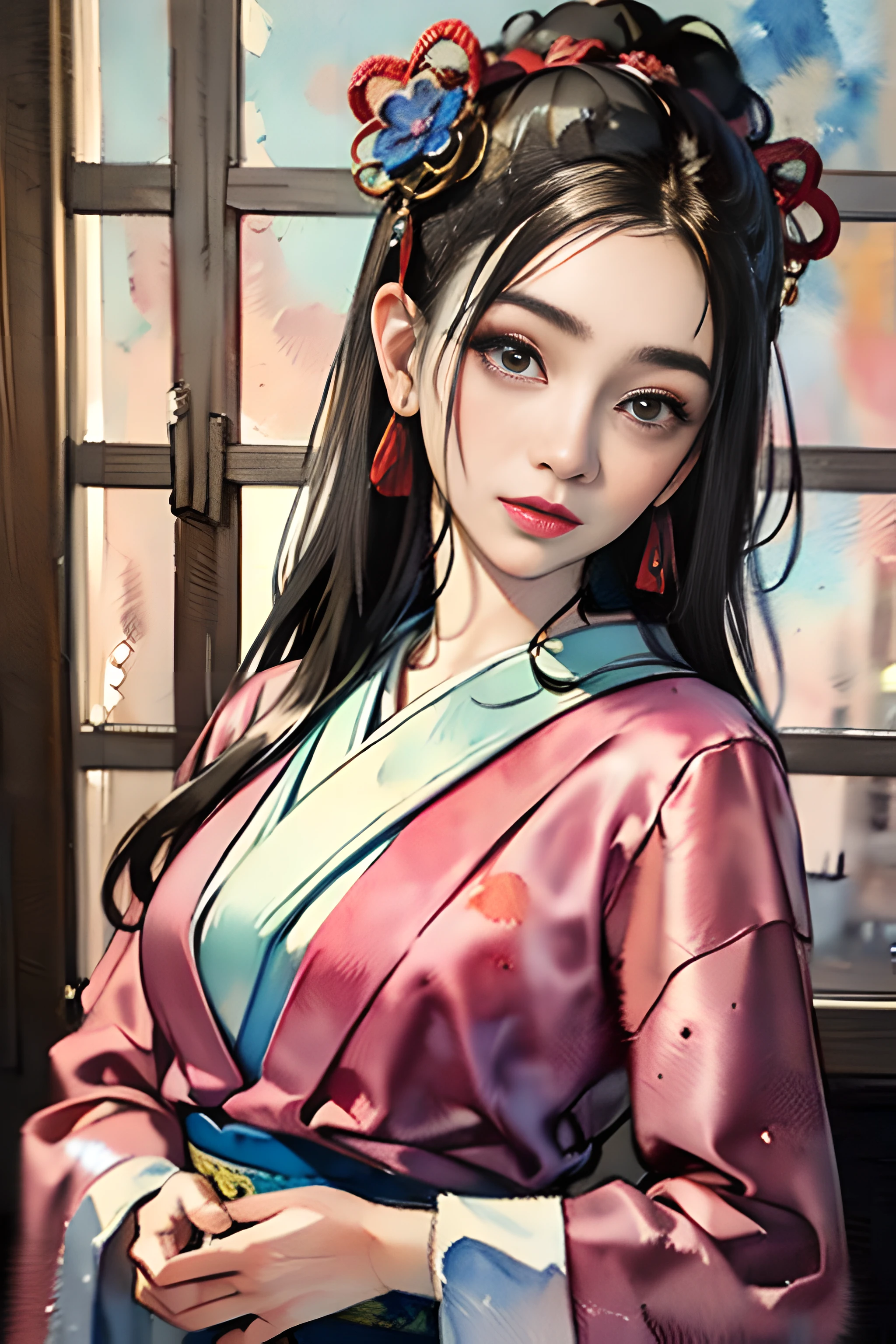 (masterpiece:1.2, best quality), (very detailed face, real picture, realistic skin, realistic body, intricate details), solo, 1milf, casual,ukiyo-e, (Watercolor:1.3), Oiran,