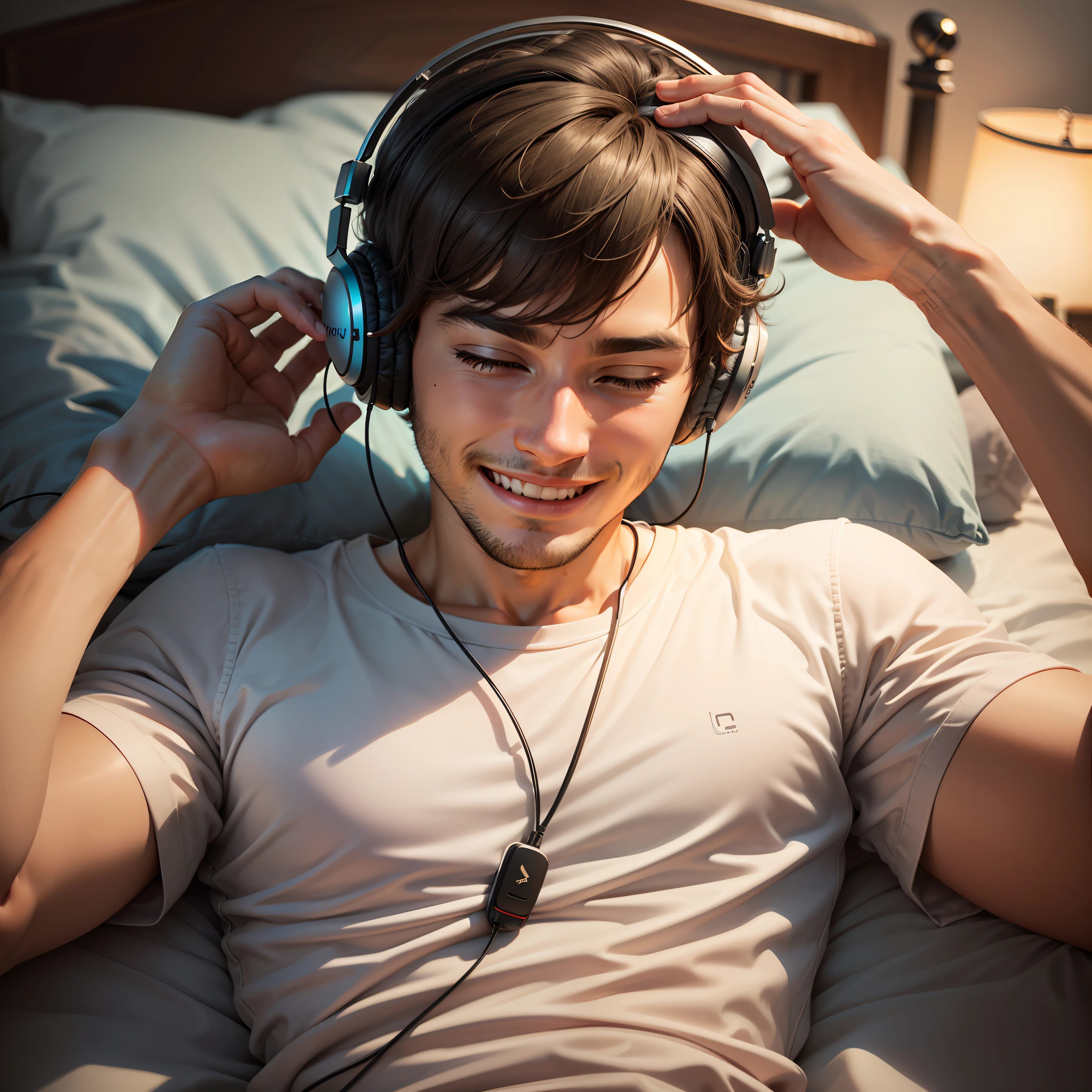 Man pretending to be happy (headphones listening to music) Lying in bed at night, camera from above (shoulder up) Man with hand behind head