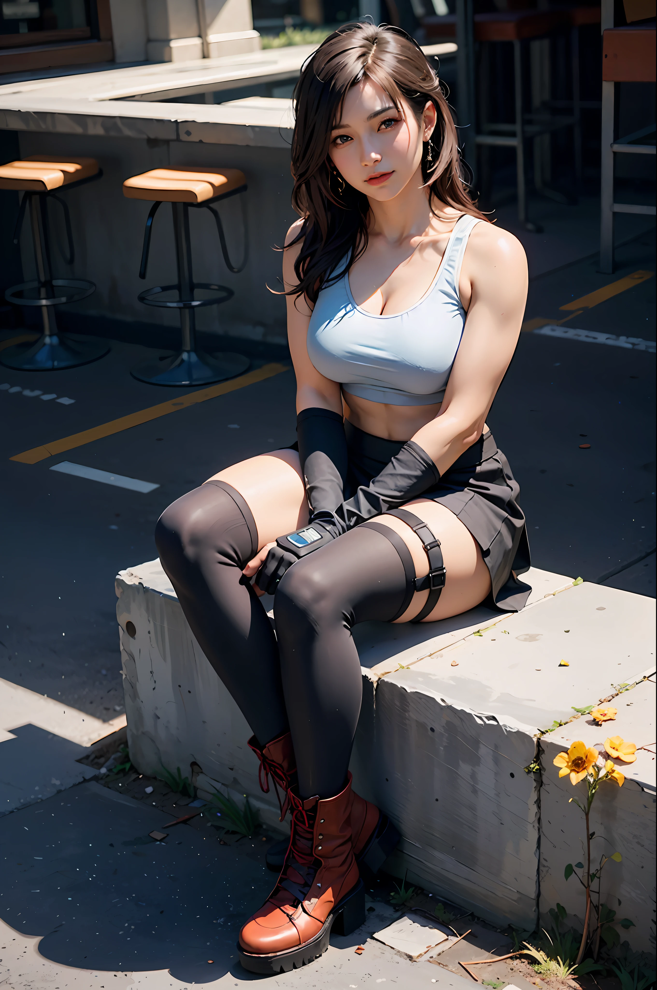 (8K, Top Quality, Masterpiece: 1.2), (Realistic, Photorealistic: 1.37), Ultra HD, Final Fantasy VII Remake&#39;s Tifa Lockhart sitting on a date in a highly detailed café in a cityscape A detailed portrait with beautiful detailed eyes and a blushing nose that makes you look cute and solo. She wears single elbow pads, ankle boots, a black skirt, black thigh-highs, red boots, and elbow gloves, elbow pads, and fingerless gloves. Her outfit includes a sports bra, suspender skirt, thigh highs, and a white tank top. The full body is visible with the head resting on the hand, revealing a pretty face, long hair tied low, and lips. The scene is lit with professional lighting, photon mapping and radiosity, creating a cyberfuturistic atmosphere in the style of Tetsuya Nomura. The background features yellow flowers and a bokeh effect. Tifa smiled a little and closed her mouth.
