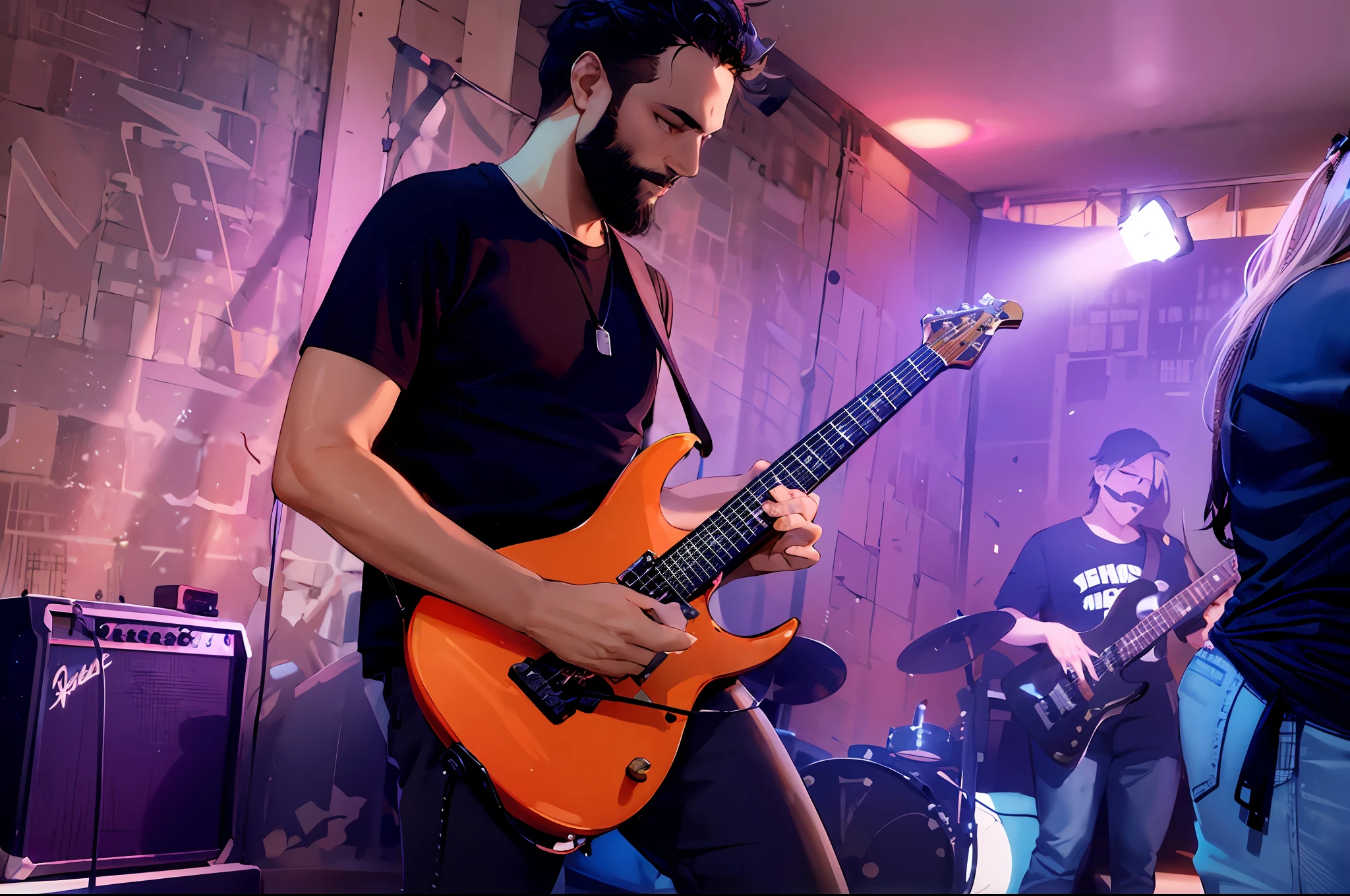 there is a man with black beard and hair and black shirt and pants playing a yellow Ibanez RG350 electric guitar in a room with other people, playing guitar onstage, proto-metal concert, photo rock concert, rocking out, lead guitar,, 8k, 35mm, the hands of the man is playing a solo on the electric guitar