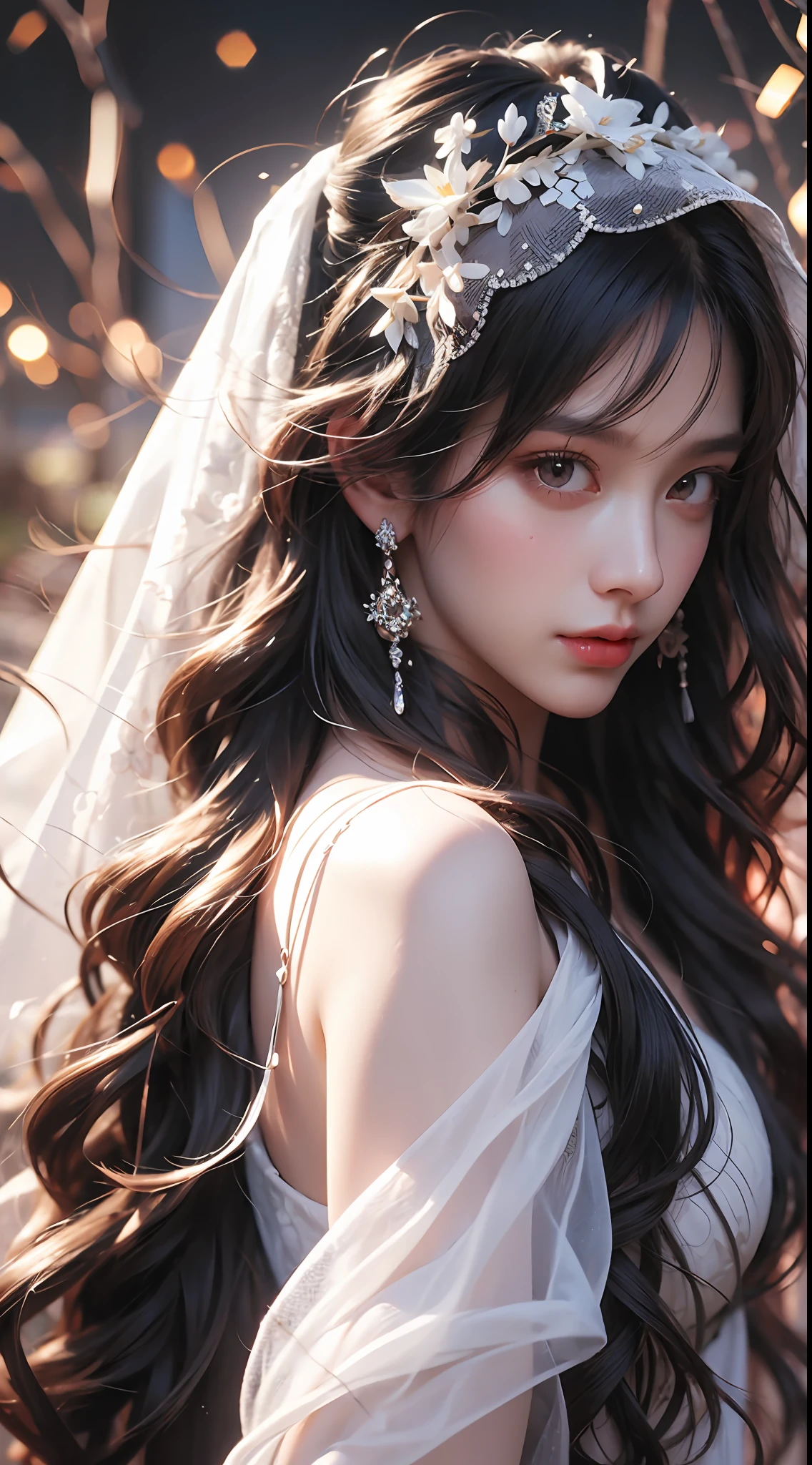 (Best Quality), (Masterpiece), (Reality), a close-up of a girl's upper body, 1 girl, black hair, long hair, white veil, branch shaped lightning, detailed eyes, beautiful facial features, surrounded by flames, game CG, super detailed