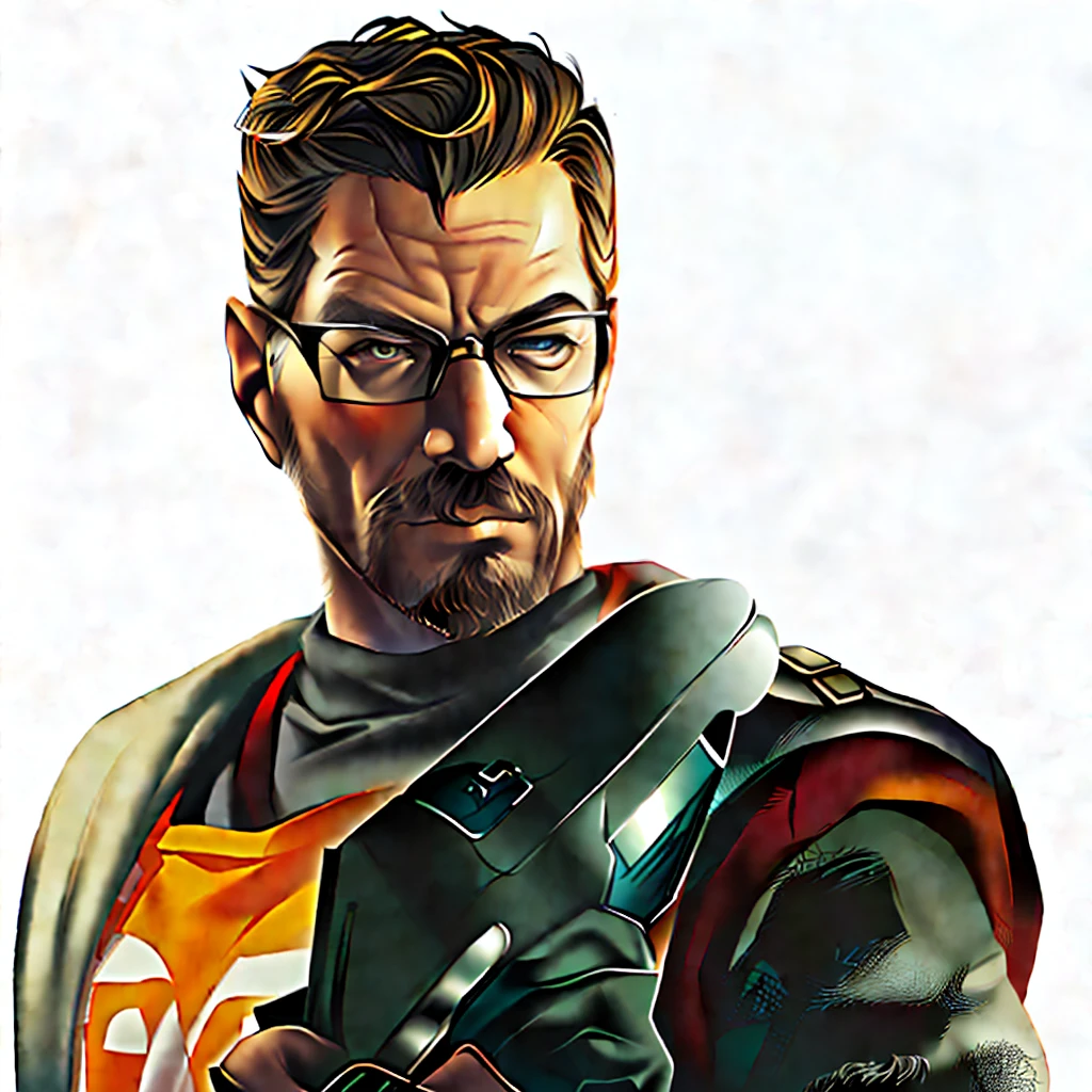 a close up of a man with glasses and a beard holding a book, gordon freeman, portrait of adam jensen, gordon freeman as a woman, walter white as gordon freeman, unreal 5. rpg portrait, bryan cranston as gordon freeman, avatar image, sam hyde in god of war 4, barret frymire, from half-life