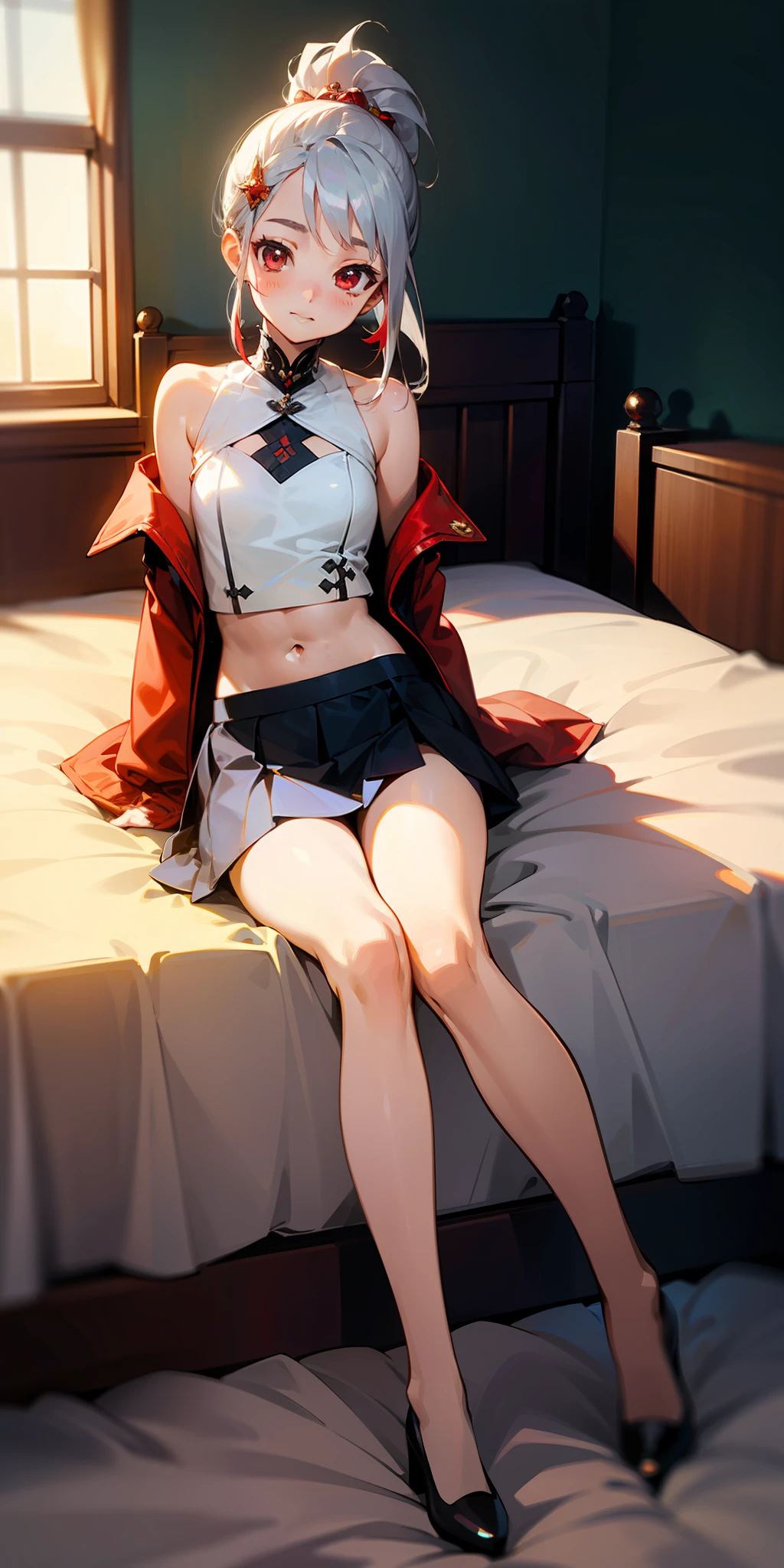(highest quality), (depth of field), (full body), charming, rich details, (1girl), girly, cute, ((silver hair)), quadratic, long ponytail, light red eyes, red hair accessories, sleeveless, off-the-shoulder, (navel), light clothing, sitting on the edge of the bed, skirt lift, bedroom, window, rainbow
