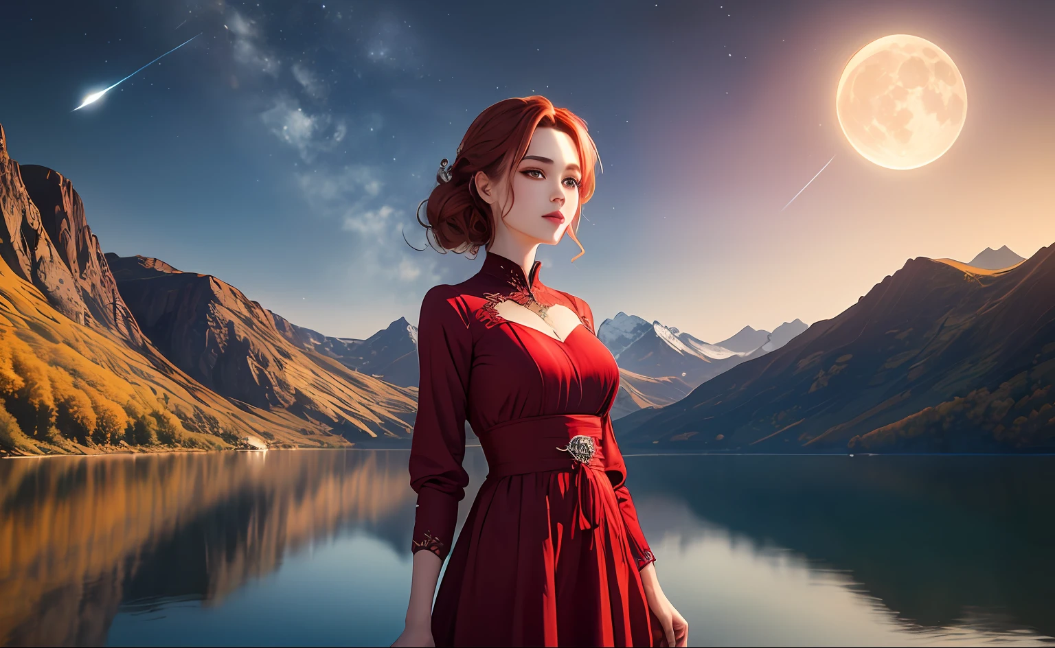 (extremely detailed, CG unit 8k wallpaper, masterpiece, best quality), (best lighting, best featured), beautiful moon woman, colorful shooting stars, mountains, lake, reflection, young redhead with red silk dress, picturesque scenery, masterpiece.