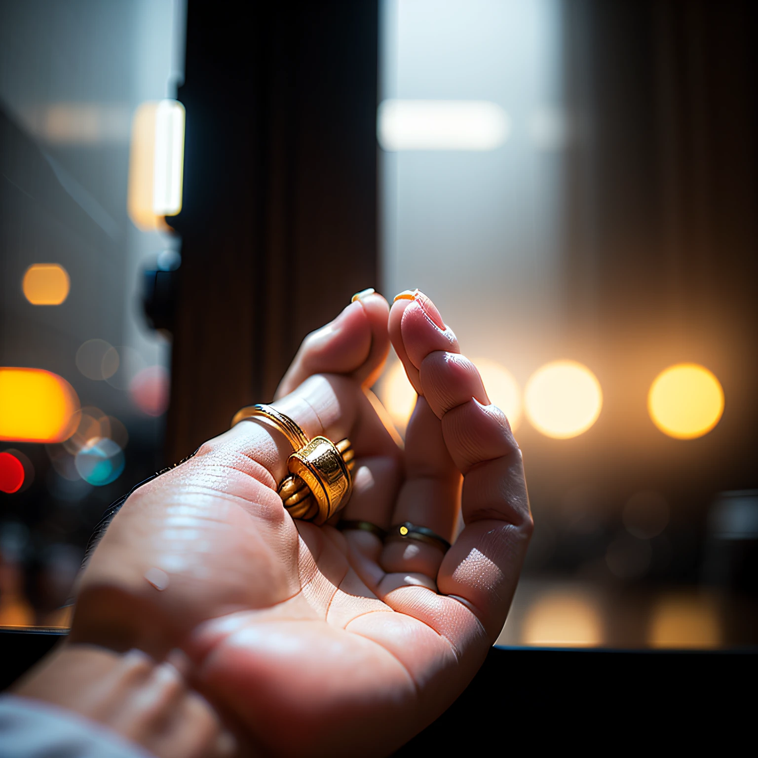Ring close-up, temple background bokeh, dream effect, foggy rainy day, cyberpunk style --auto