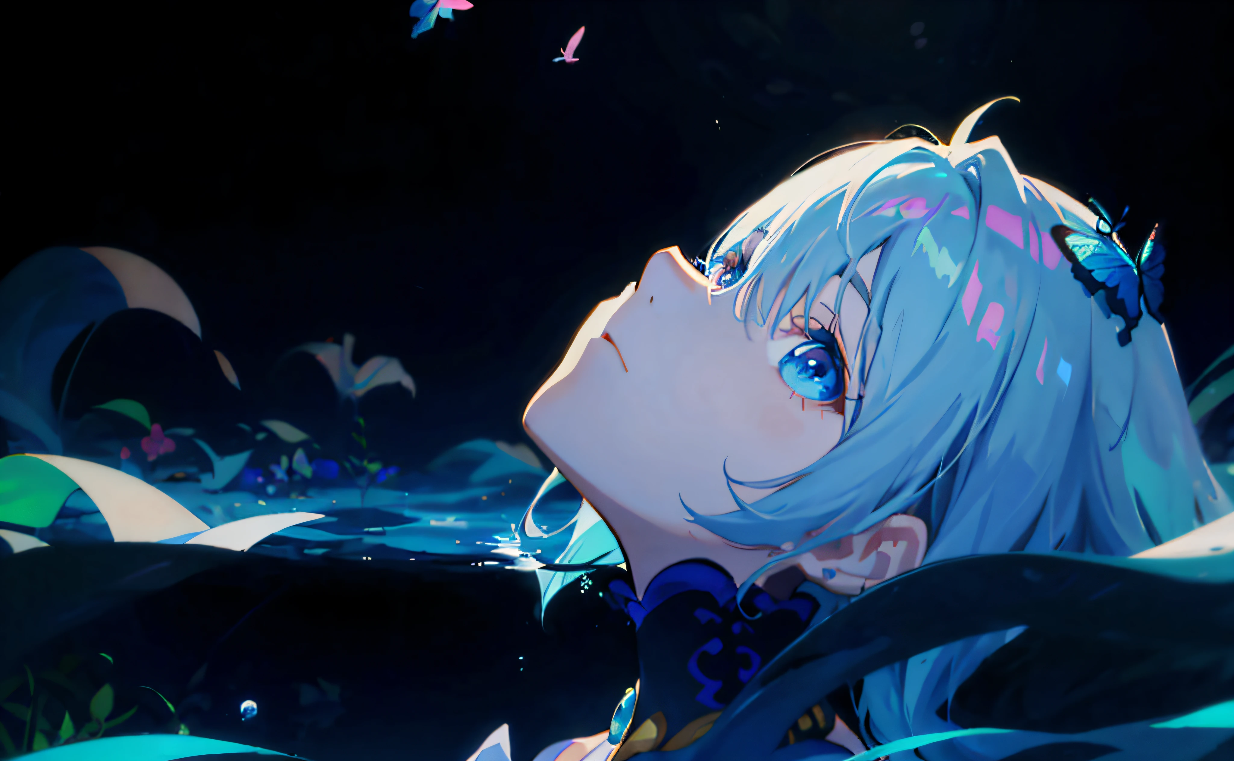 Anime girl with long hair with blue eyes in the sea, looking to the side, beautiful and delicate eyes, delicate and beautiful face, best anime 4k konachan wallpaper, anime blue water wallpaper, anime art wallpaper 4k, anime art wallpaper 4k, anime art wallpaper 8K, 4K anime wallpaper, anime style 4K, anime wallpaper 4K, anime wallpaper 4K, rem Cree zero, glossy anime land, ((masterpiece)), (((bestquality))), ((super detailed), ((illustration)),dynamicangle,((solo:1.4)) 1girl,kimono,(cowboy shot:1.4), long hair, light simle,light bush, ((bubble)), (solo:1.2), (reflective water: 1.2), ((partially underwater shooting)), ripples, floating flowers, flowers, glowing butterflies, ((water)), caustics, moon, blue theme, ((lying)), nose, ((realistic)), 8k wallpaper, masterpiece, cinematic lighting, top quality, illustration, dramatic angle, ((color: 1.1)), ((color inner hair: 1.4)), 1 girl, solo, long hair, water, blue eyes, ponytail, liquid hair, white hair, bangs, bangs block eyes, from side, silhouette, upper body, blue hair, pink hair,   Bare shoulders, bare neck, collarbone, portrait, between hair, colorful hair