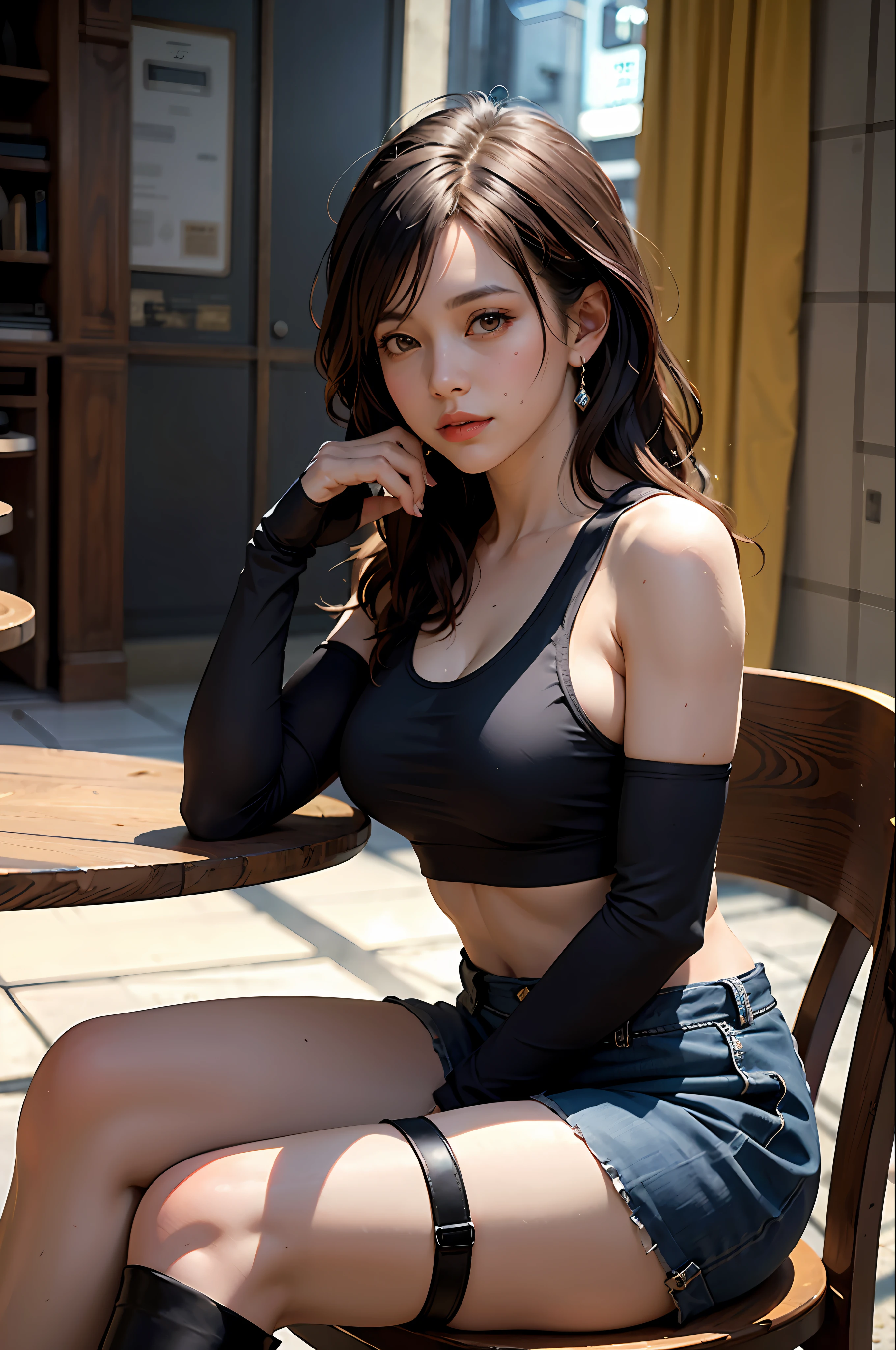 (8K, Top Quality, Masterpiece: 1.2), (Realistic, Photorealistic: 1.37), Ultra HD, Final Fantasy VII Remake's Tifa Lockhart sitting on a date in a highly detailed café in a cityscape A detailed portrait with beautiful detailed eyes and a blushing nose that makes you look cute and solo. She wears single elbow pads, ankle boots, a black skirt, black thigh-highs, red boots, and elbow gloves, elbow pads, and fingerless gloves. Her outfit includes a sports bra, suspender skirt, thigh highs, and a white tank top. The full body is visible with the head resting on the hand, revealing a pretty face, long hair tied low, and lips. The scene is lit with professional lighting, photon mapping and radiosity, creating a cyberfuturistic atmosphere in the style of Tetsuya Nomura. The background features yellow flowers and a bokeh effect. Tifa smiled a little and closed her mouth.