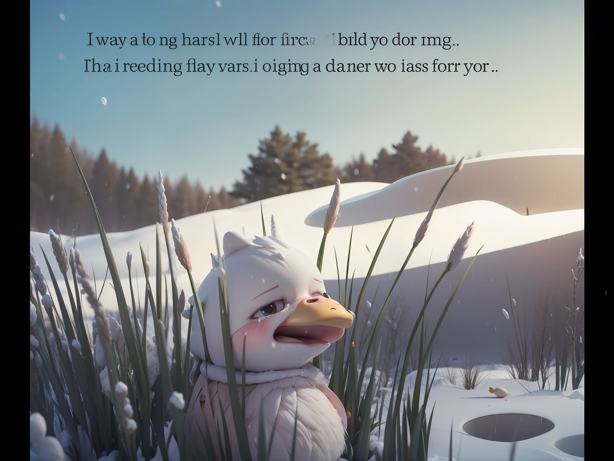 Ugly duckling crying on a snowy day